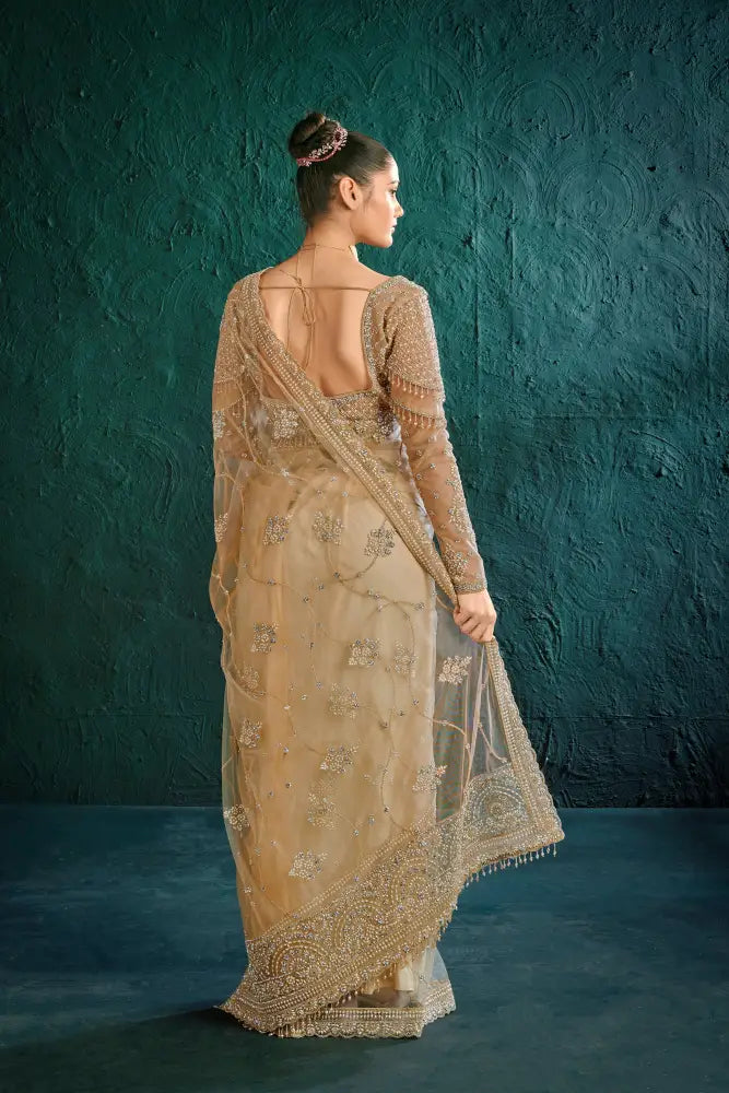 Special Occasion Golden Net Saree With Beautiful Stone Patterns Saree