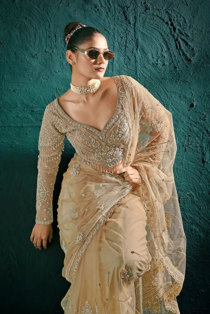 Special Occasion Golden Net Saree With Beautiful Stone Patterns Saree