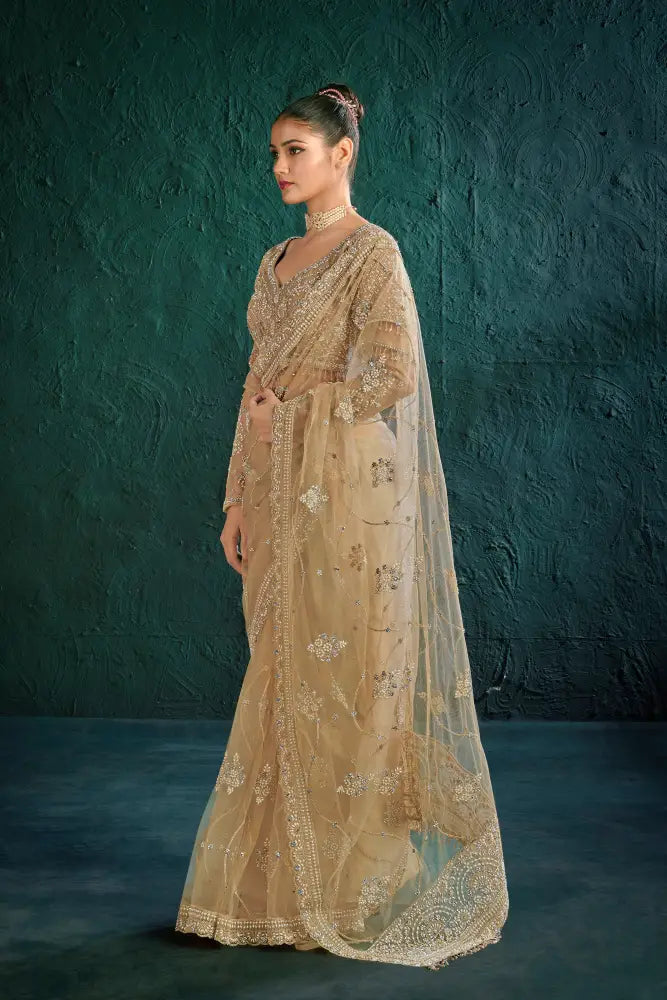 Special Occasion Golden Net Saree With Beautiful Stone Patterns Saree