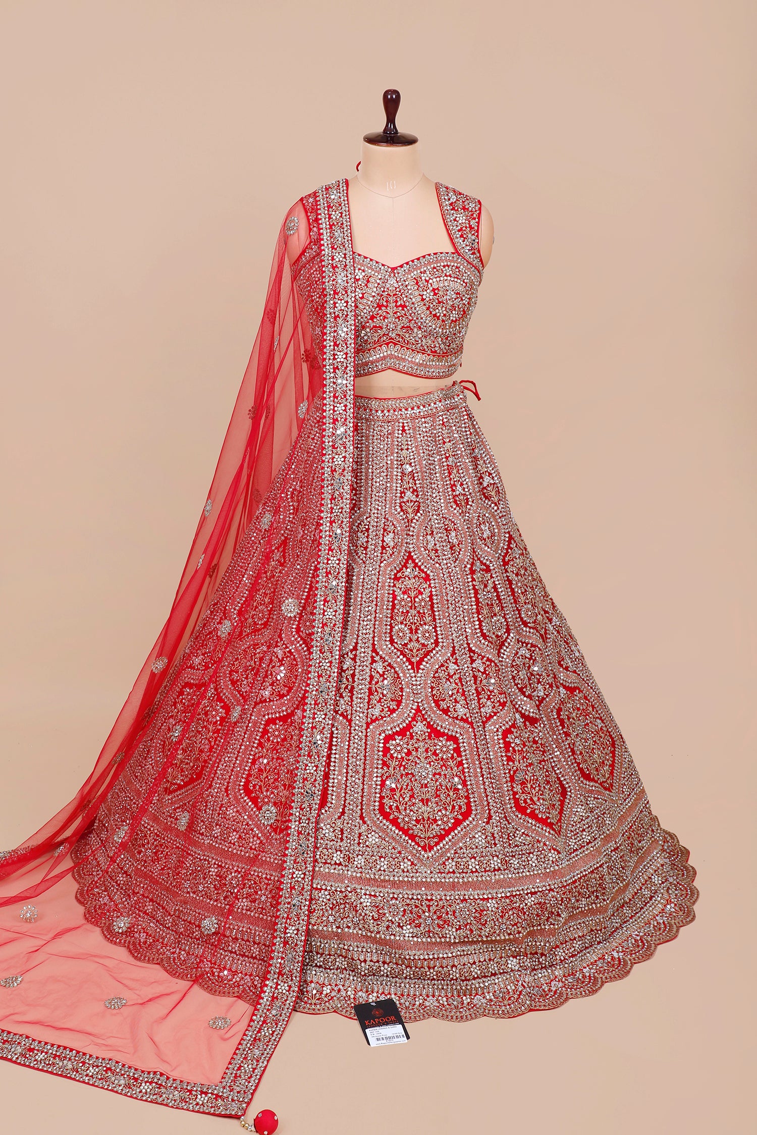 Scarlet Red Net Lehenga With Mirror Jarkan