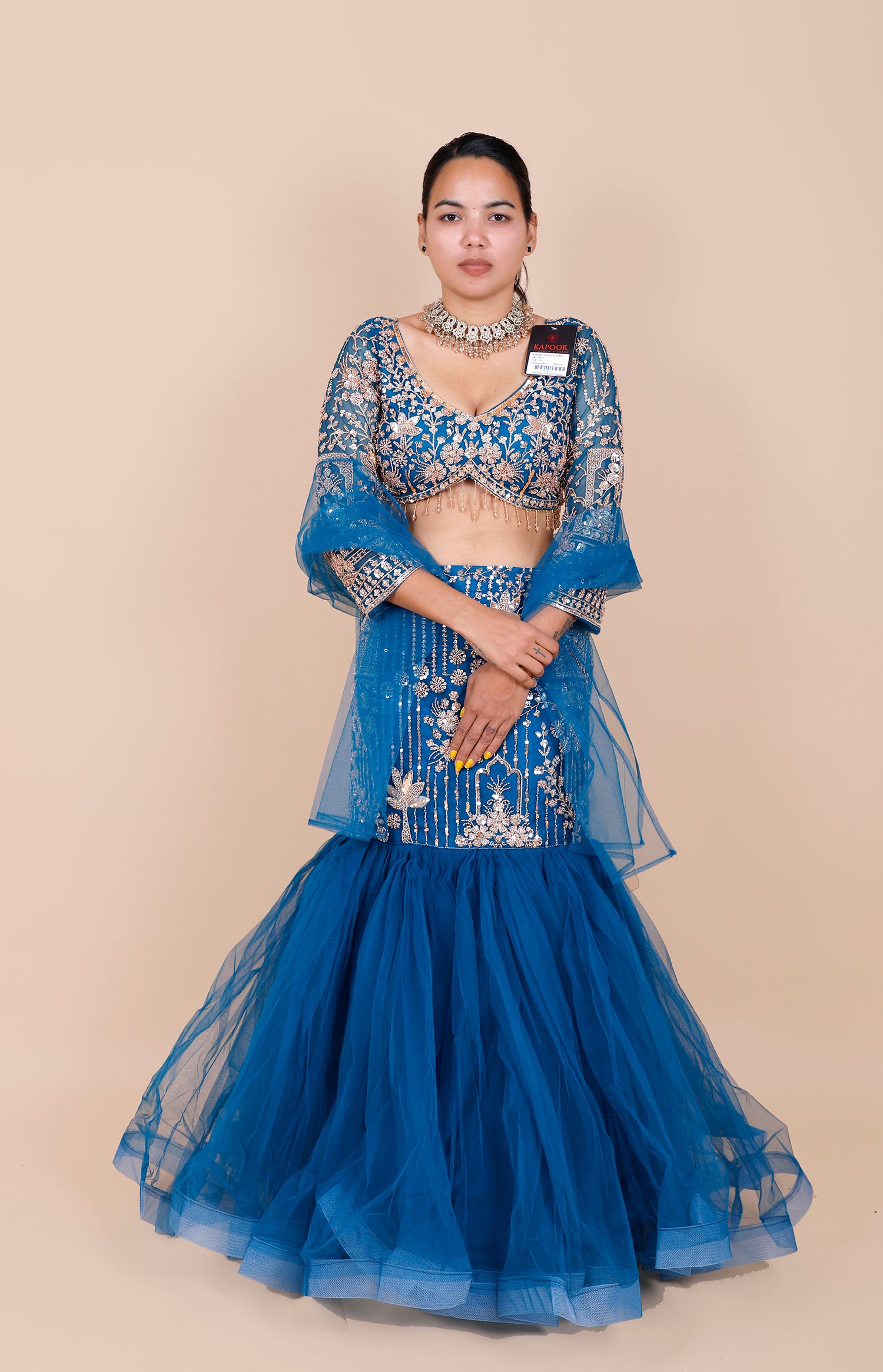Blue Net Embroidered Beaded Crop Top