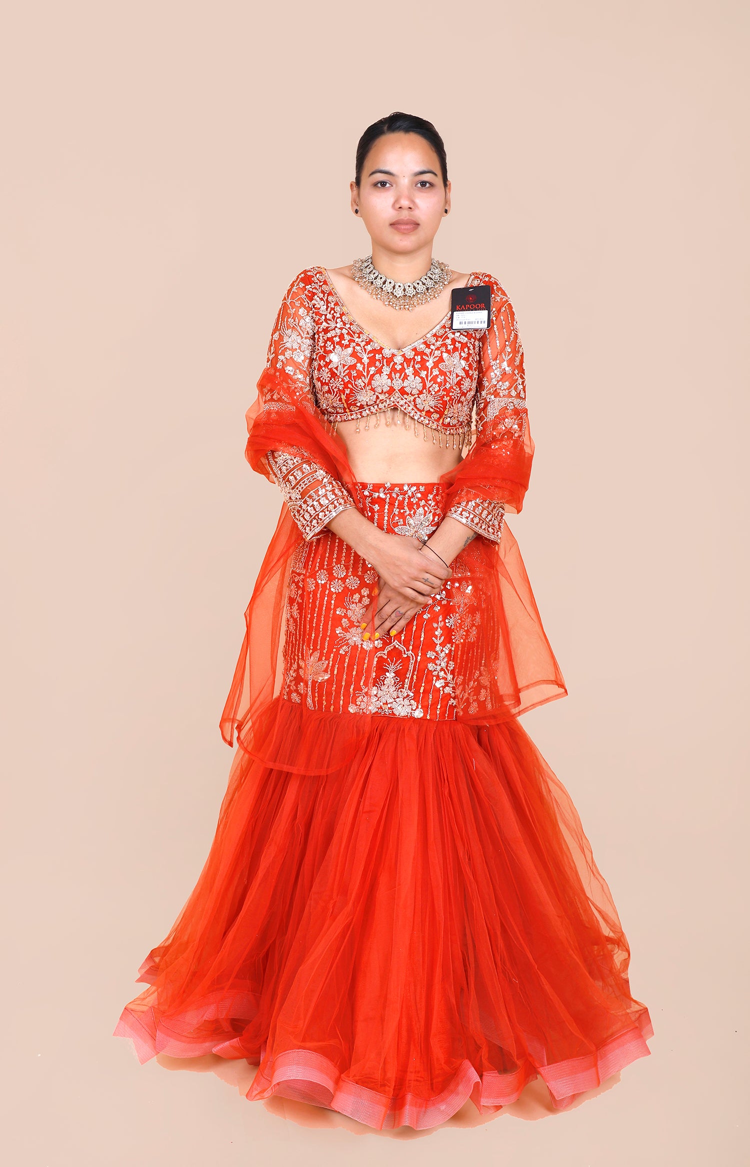 Rust Net Embroidered Beaded Crop Top