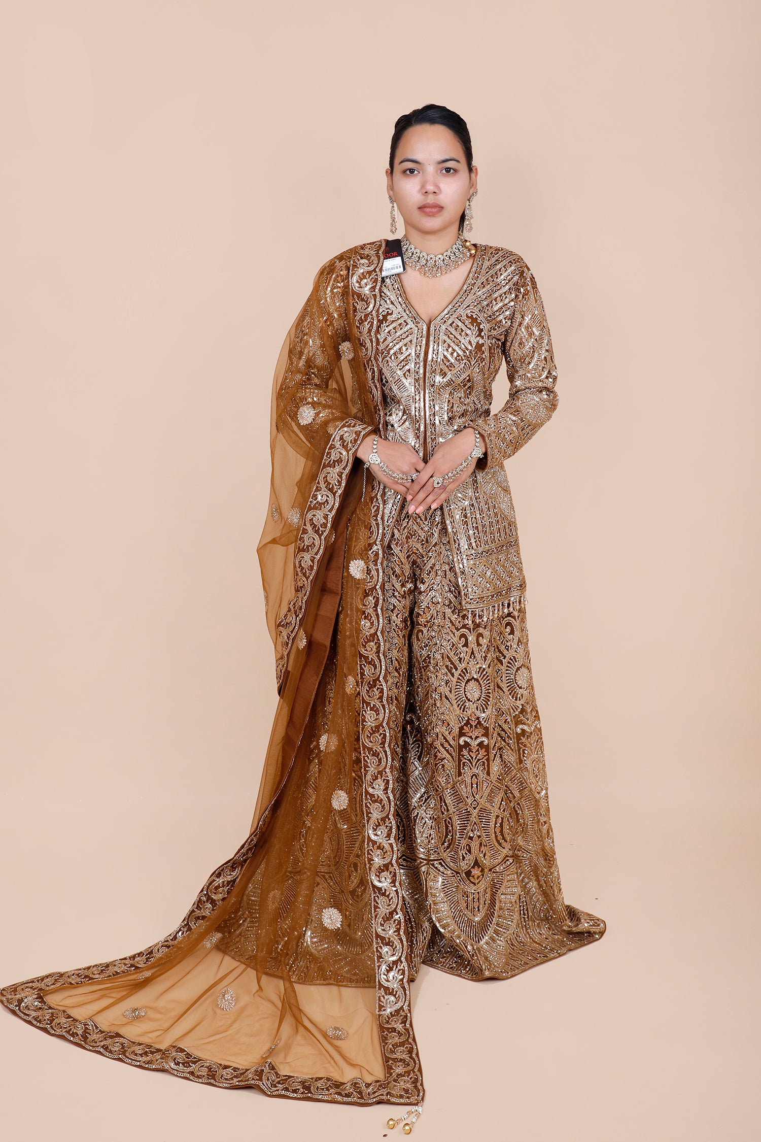 Copper Gold Indo-Western Net Lehenga