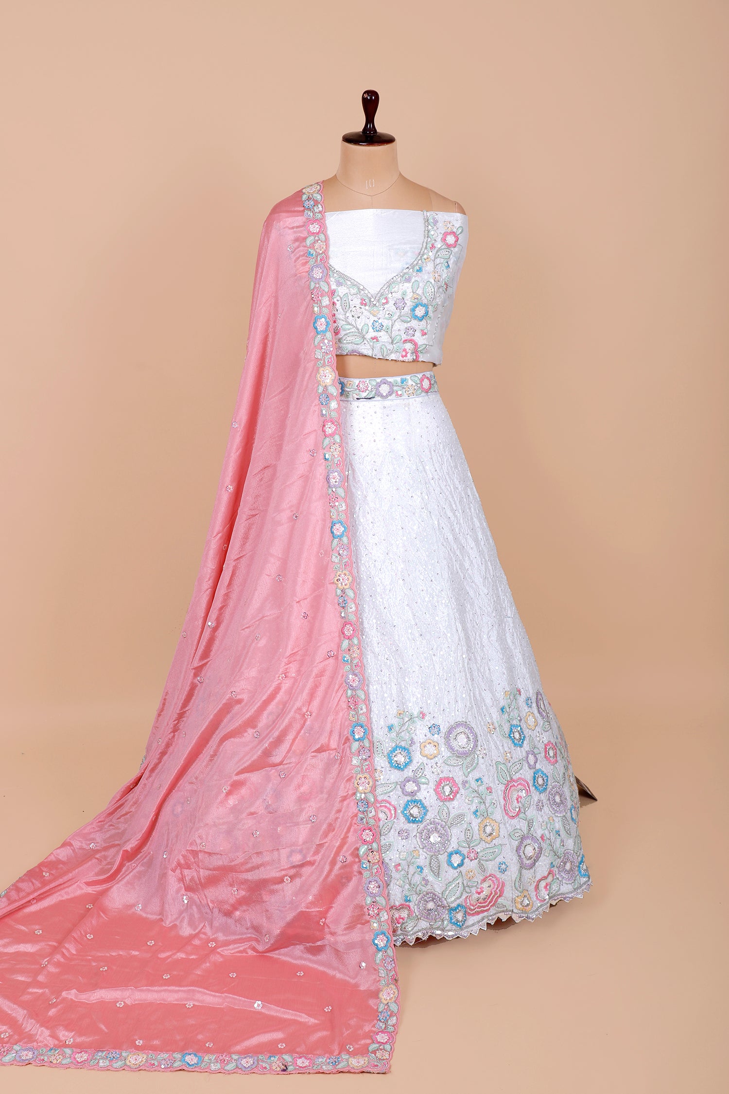 White Chinon Lehenga With Intricate Jarkan