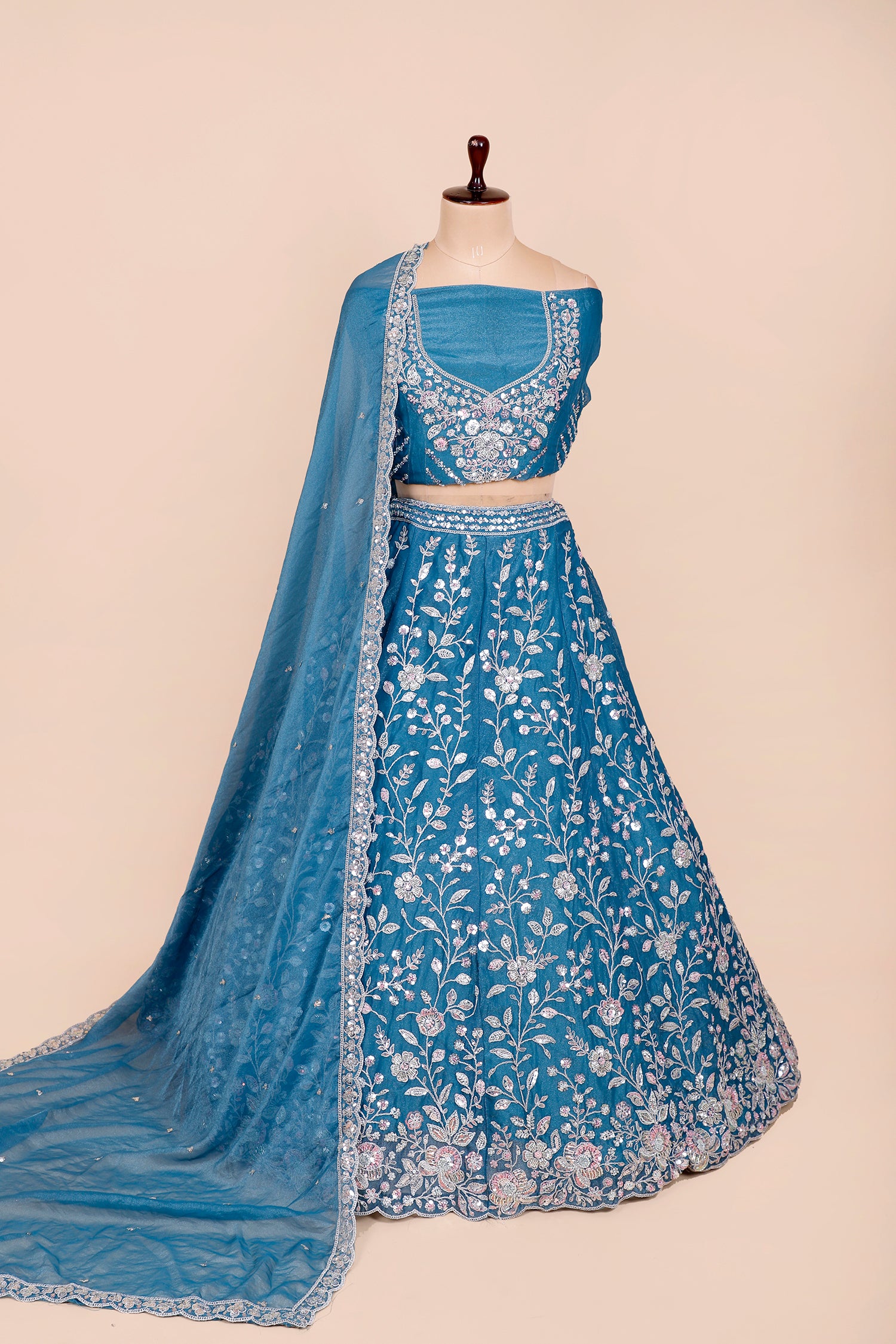 Rama Blue Shimmer Lehenga With Sequins