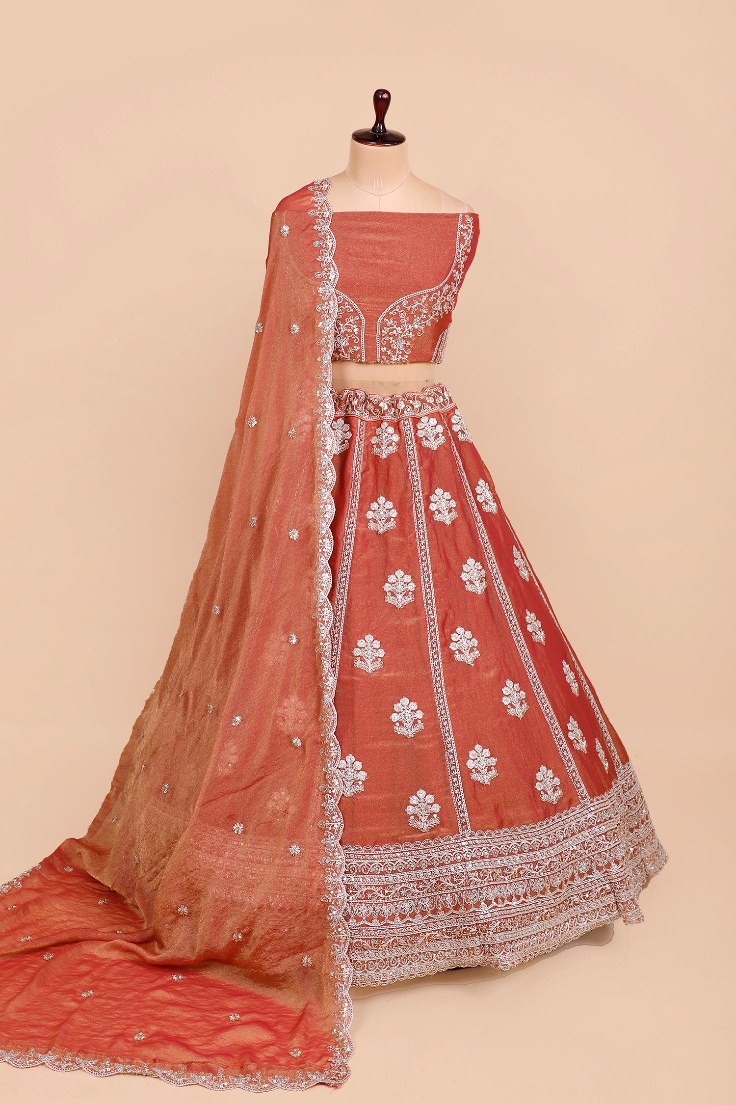 Shimmering Peach Pink Thread Lehenga