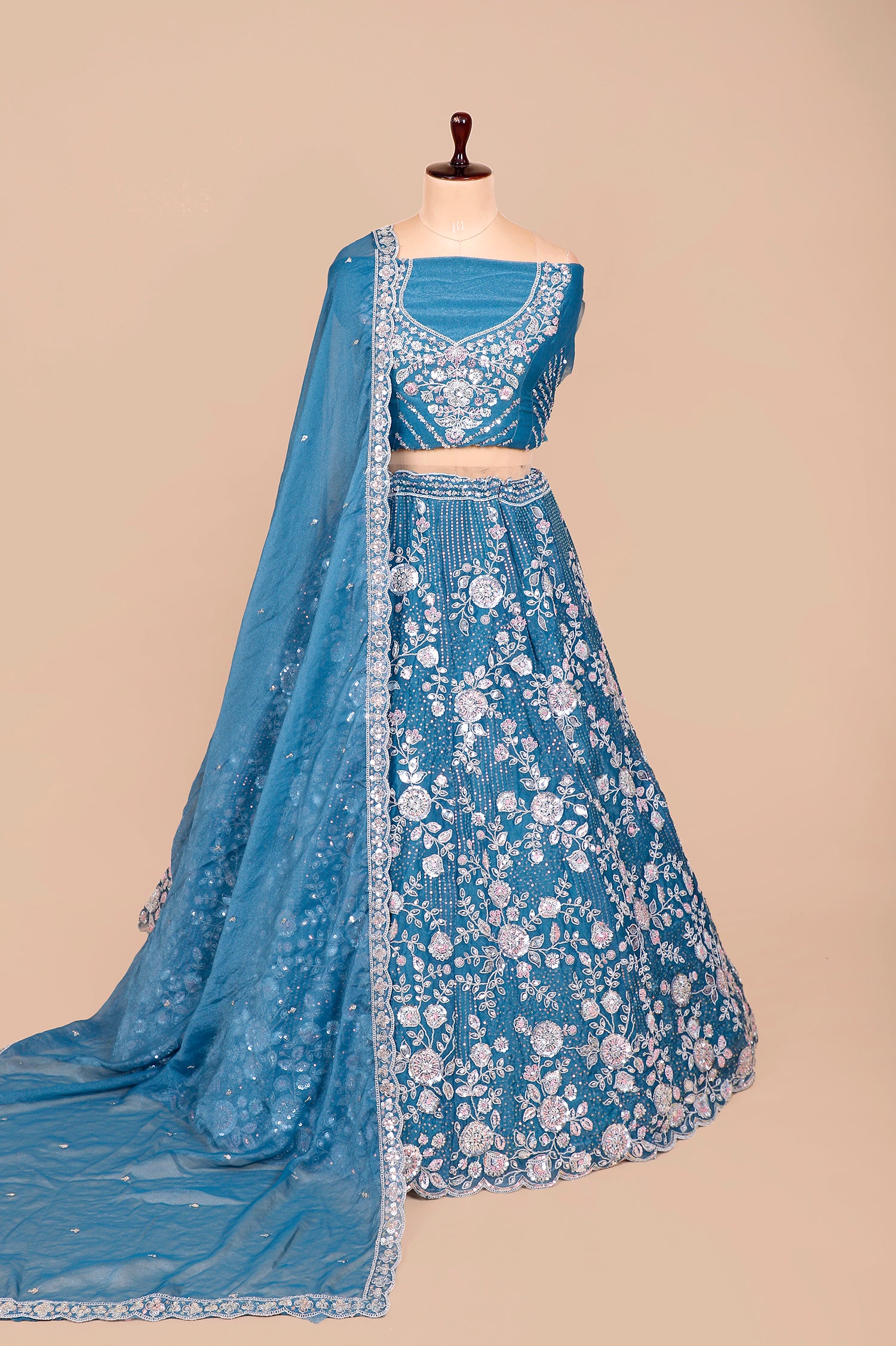 Elegant Rama Blue Lehenga In Shimmer Fabric