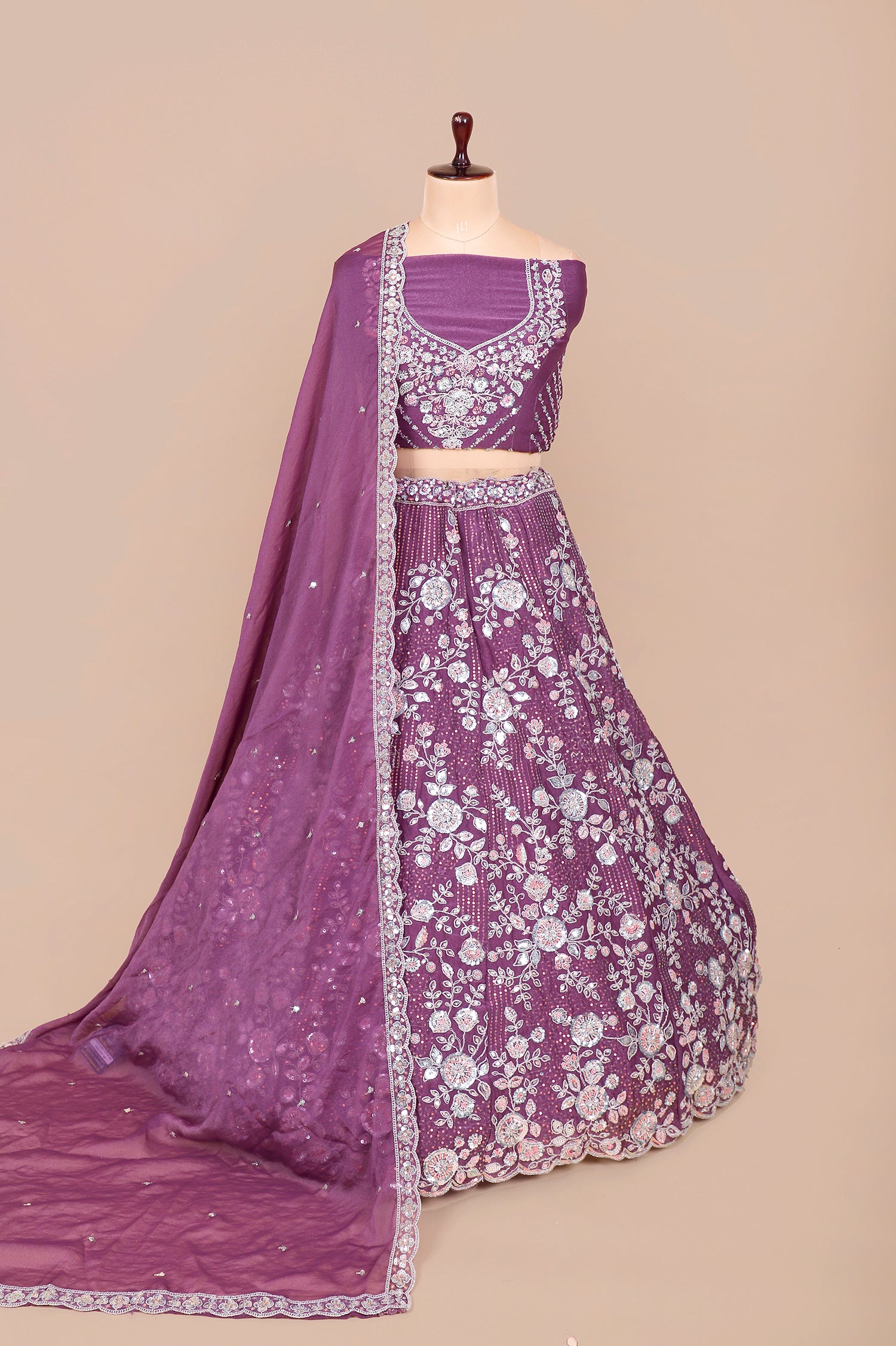 Dark Purple-Red Shimmer Lehenga With Sequins & Beads