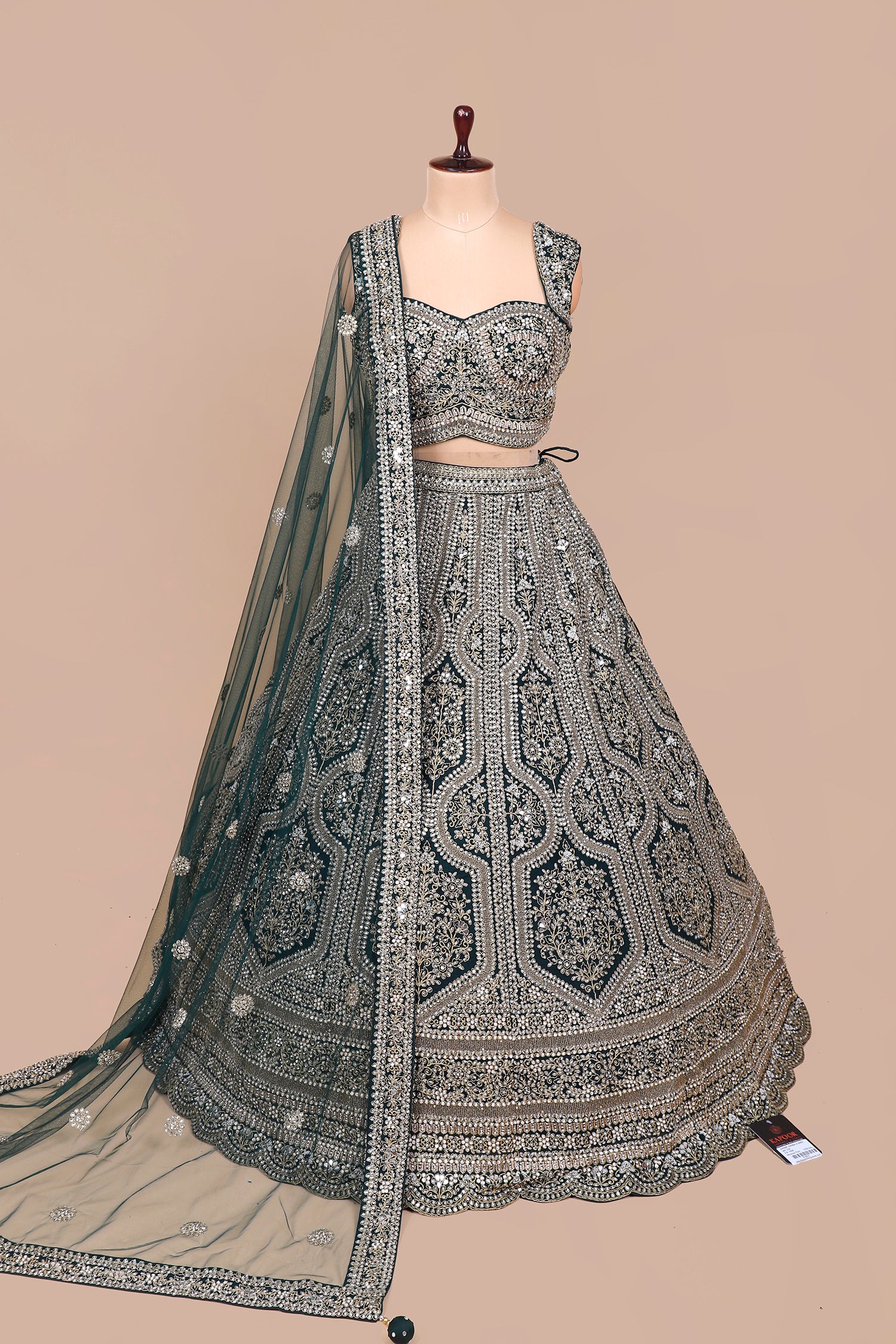 Emerald Green Net Lehenga With Mirror Jarkan Sparkle