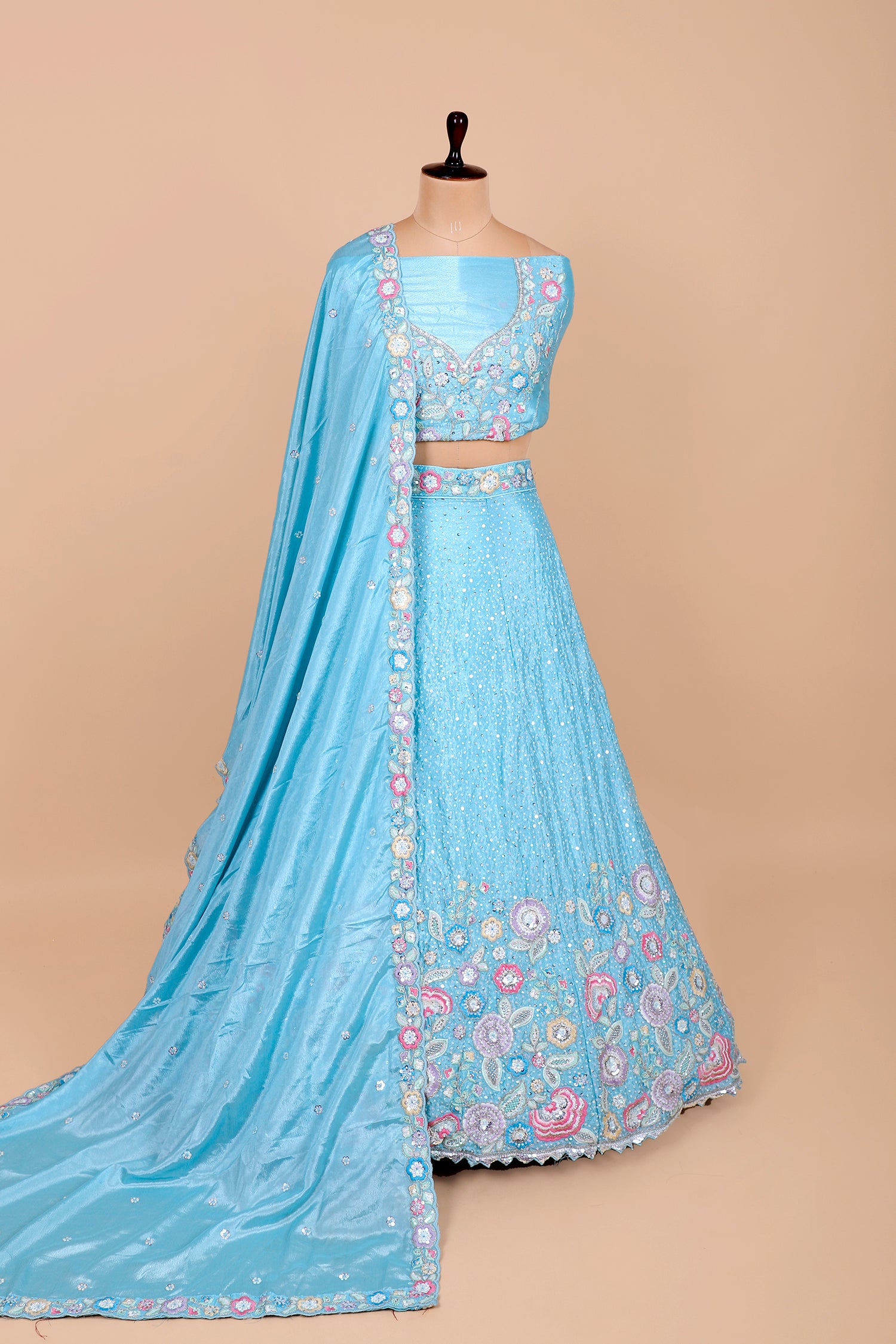 Sky Blue Chinon Lehenga With Thread