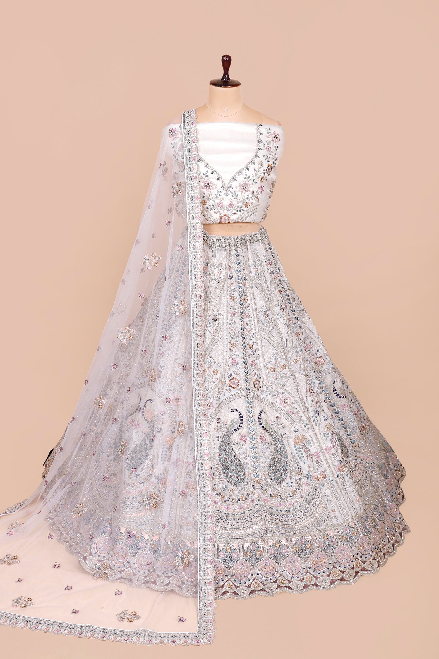 White Shimmer Lehenga With Multi Thread