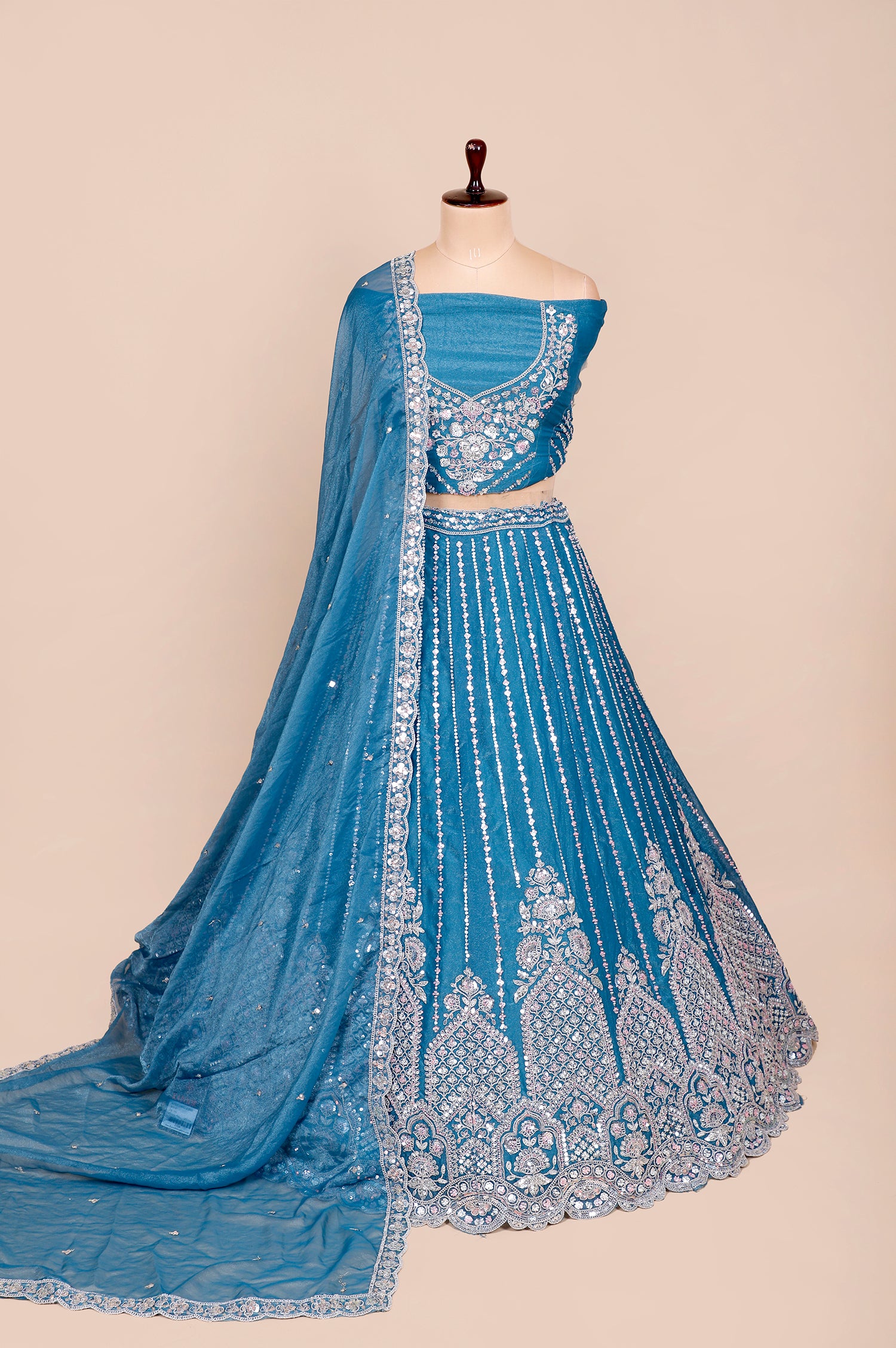 Rama Blue Shimmer Lehenga With Beads