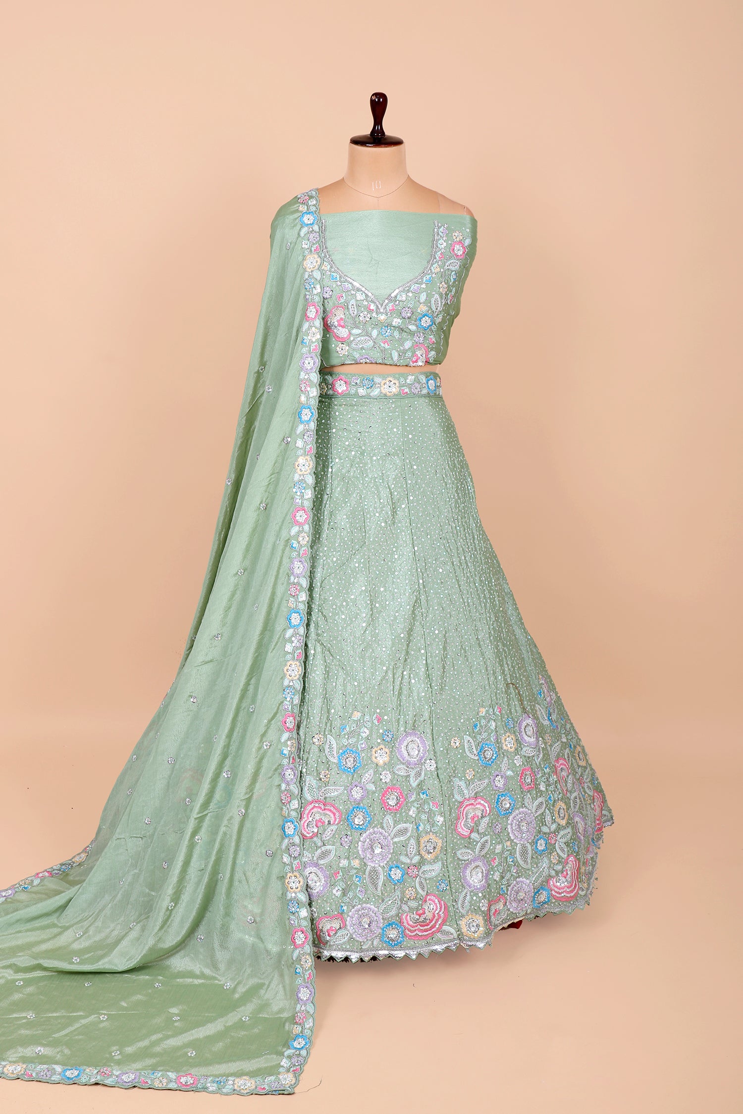 Sea Green Chinon Lehenga With Thread