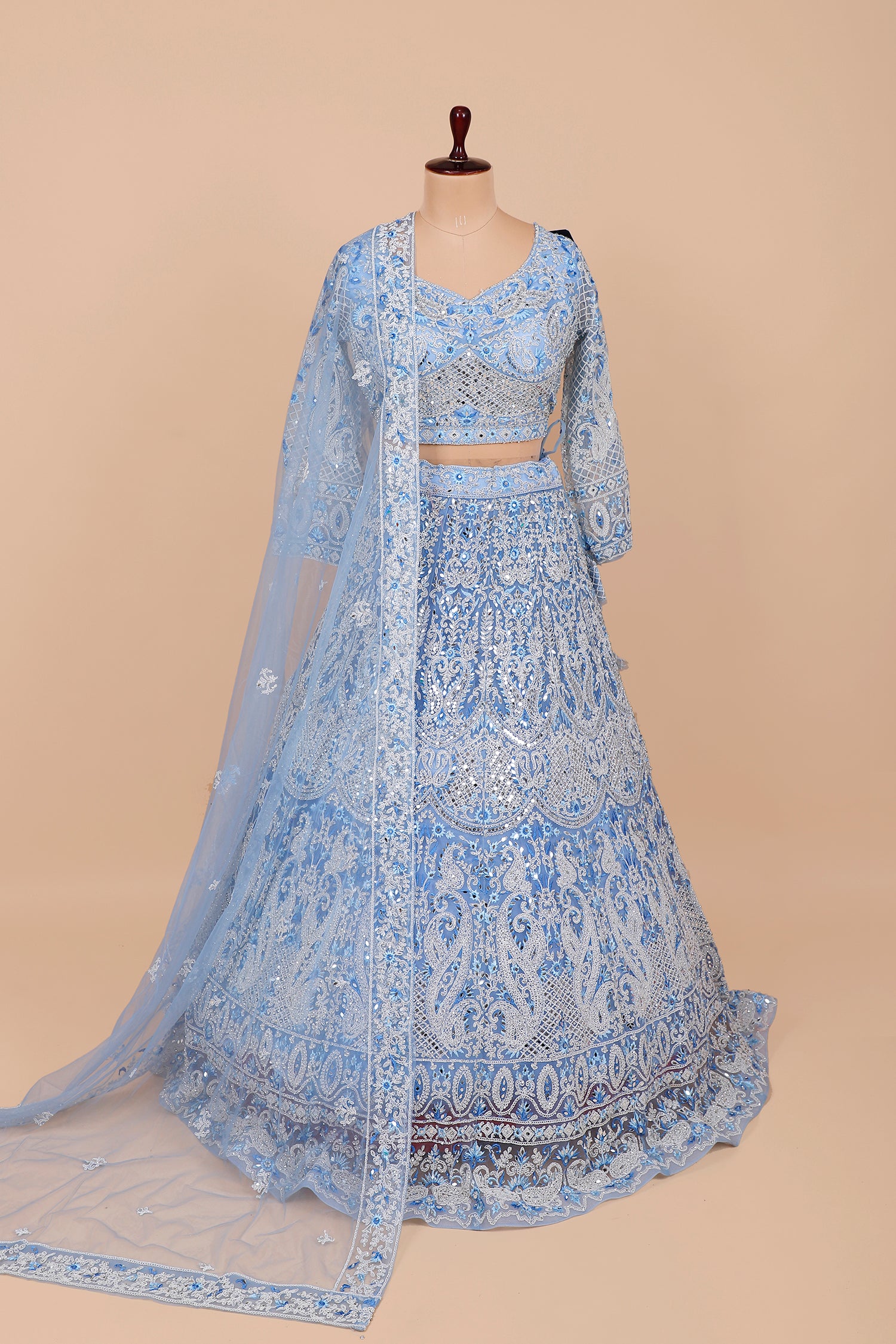 Sky Blue Net Embroidered Crop Top With Mirror