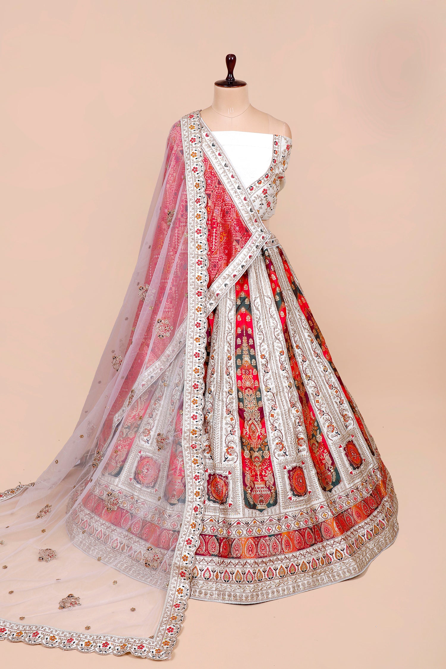 White-Red Banarasi Silk Lehenga
