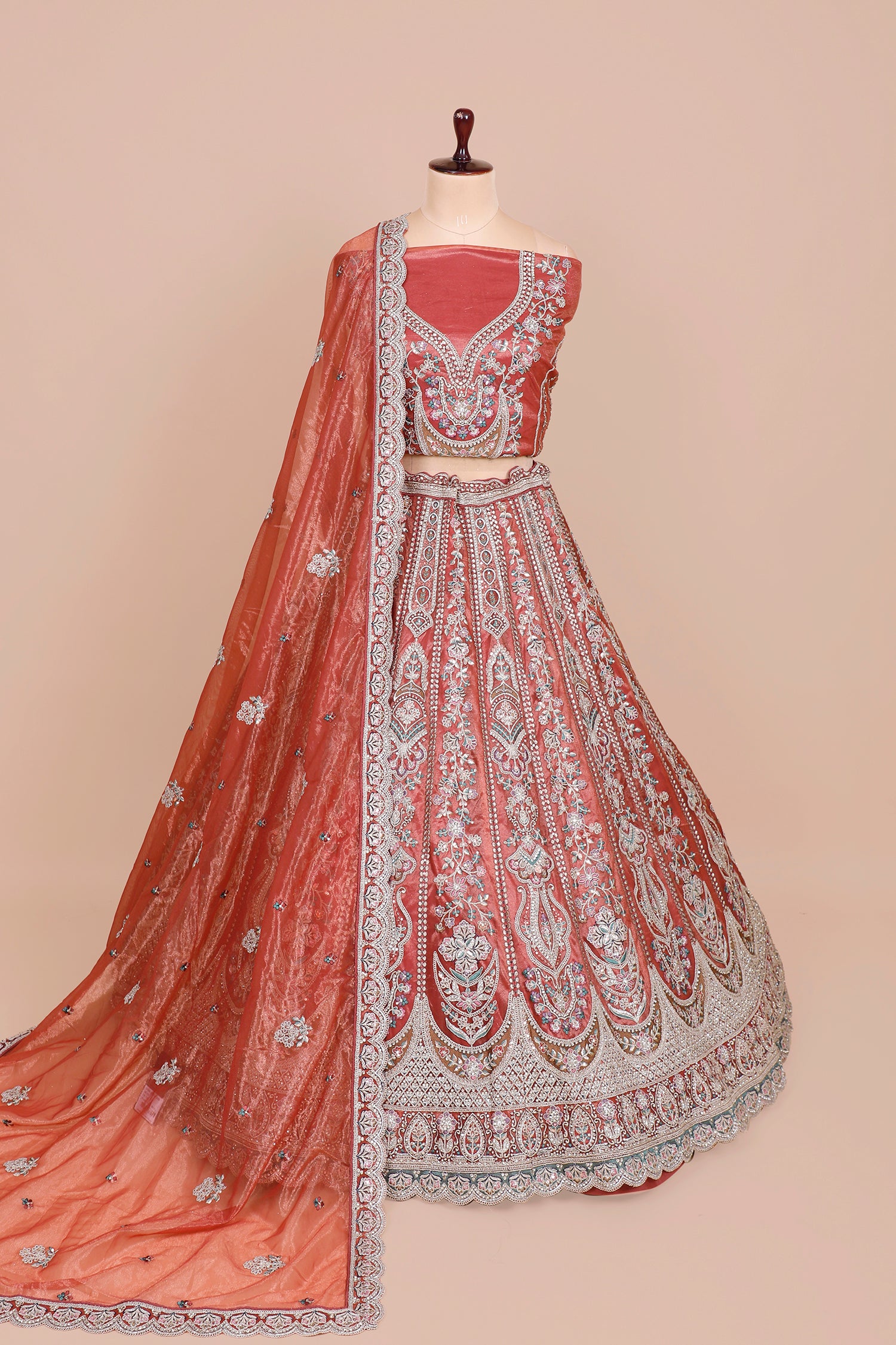 Dark Red Shimmer Lehenga With Multi Work