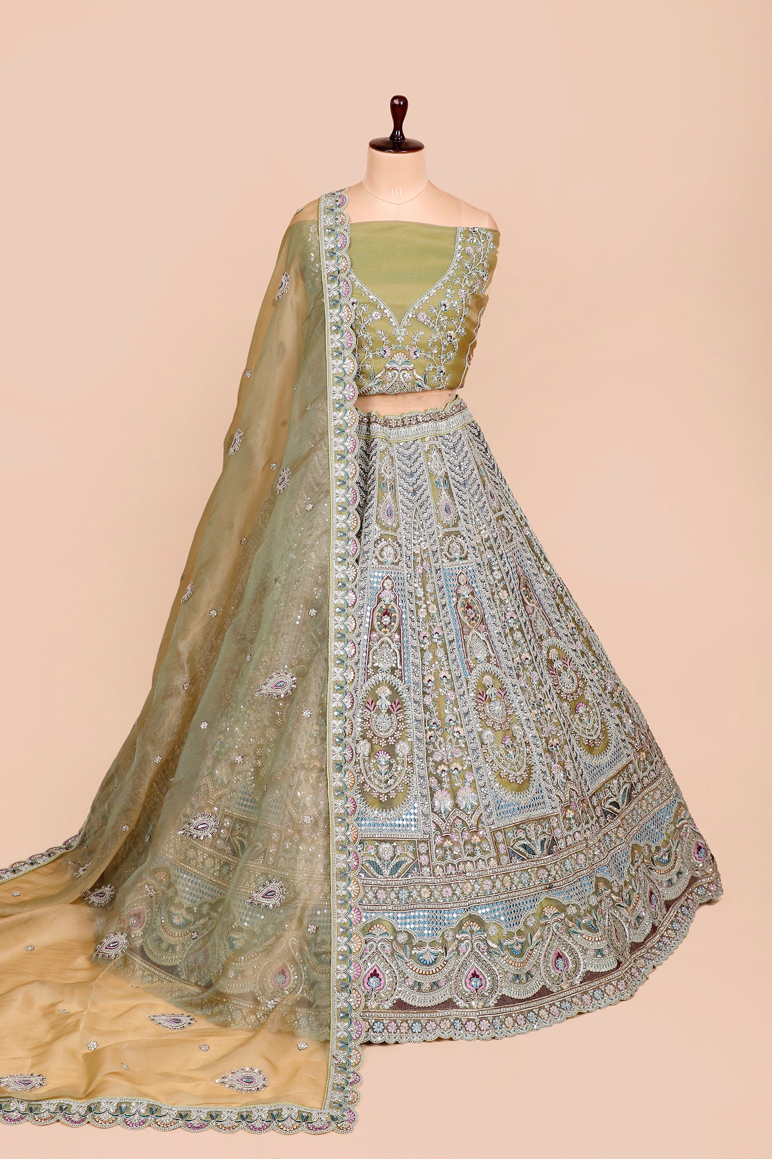 Green Shimmer Lehenga With Sequin Embroidery