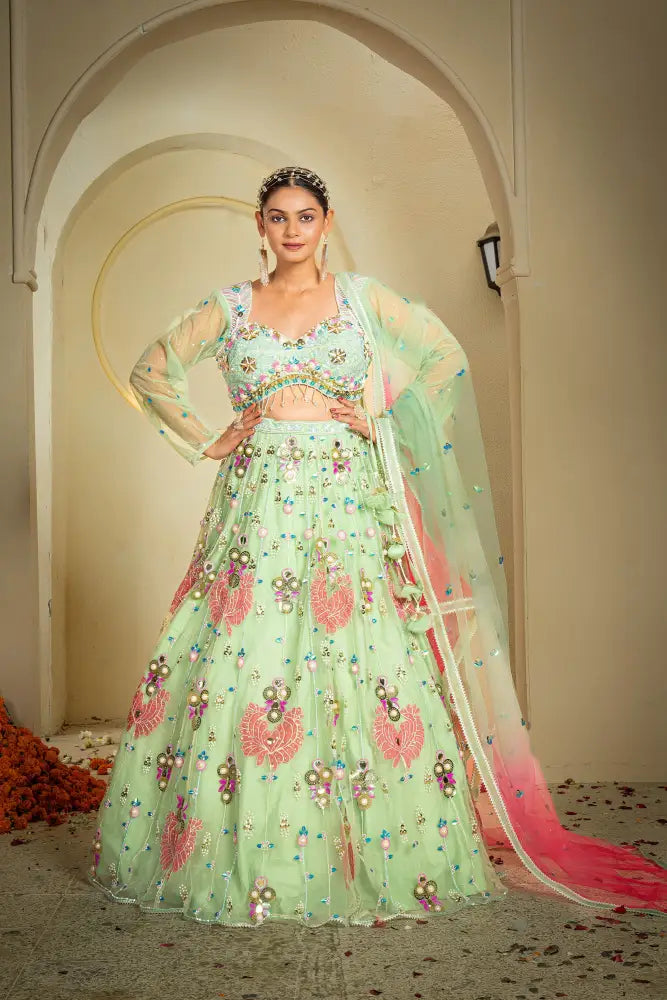 Wedding Wear Pista Net Lehenga With Artisan Handcrafted Designs Lehenga