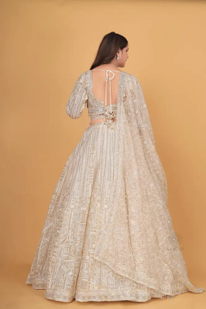 White Bollywood Inspired Net Lehenga With Hand-Pal Work Sequence And Jarkan Details
