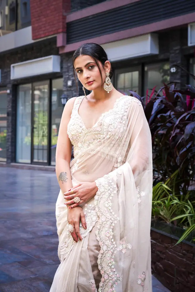 White Organza Saree With Beautifully Handcrafted Stonework Saree