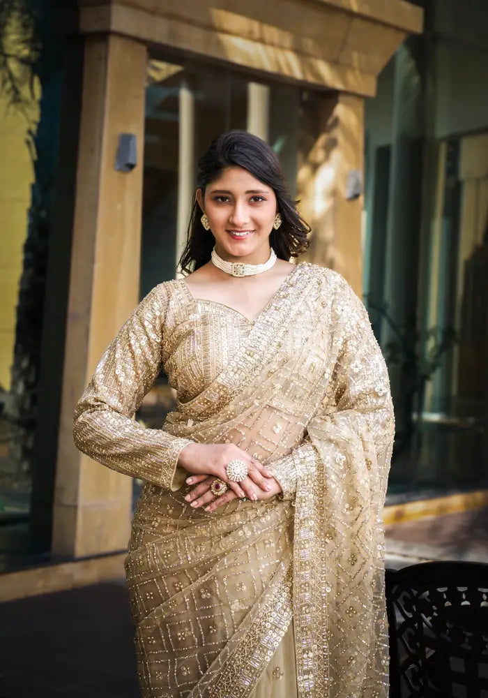 White Saree Handwork With Sequence And Jarkan Ready Made Blouse