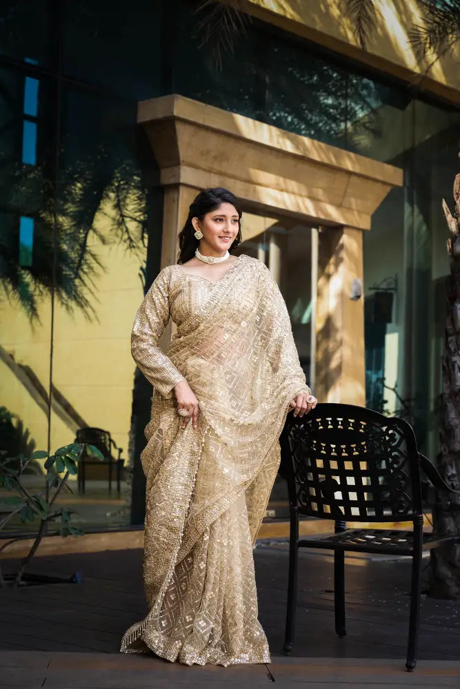 White Saree Handwork With Sequence And Jarkan Ready Made Blouse