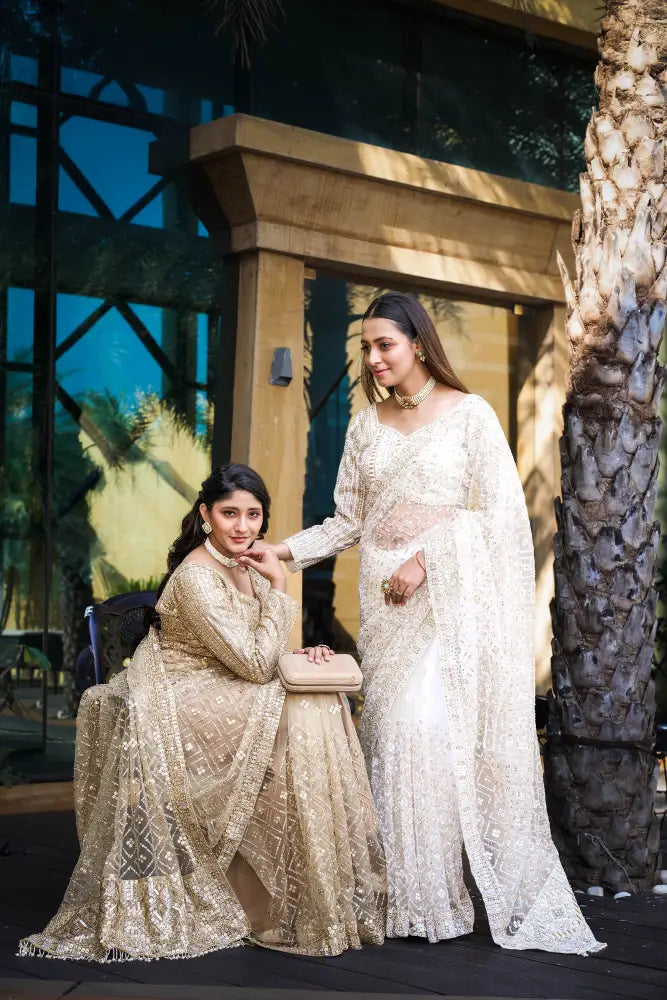 White Saree Handwork With Sequence And Jarkan Ready Made Blouse