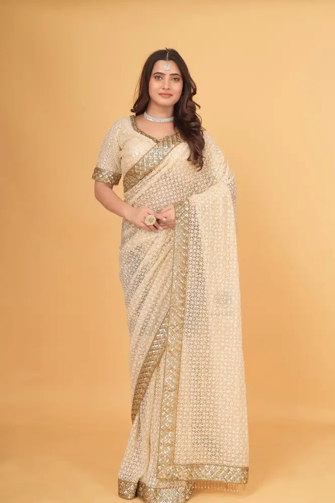 White Stone Work Saree With Ready Made Blouse