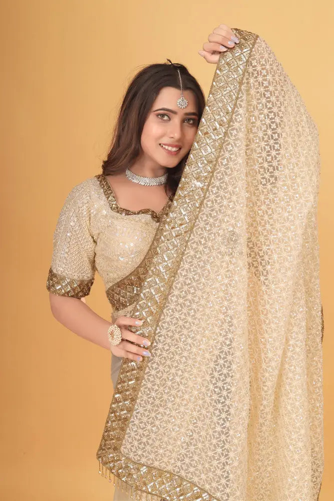 White Stone Work Saree With Ready Made Blouse