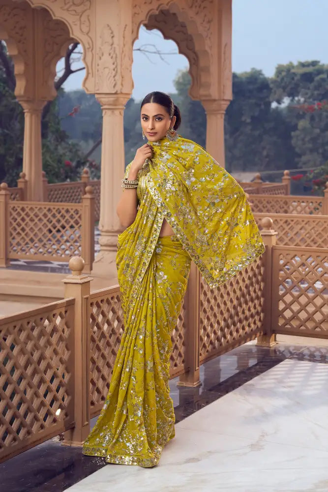Yellow Georgette Saree With Full Sequins Design For A Festive Look Saree