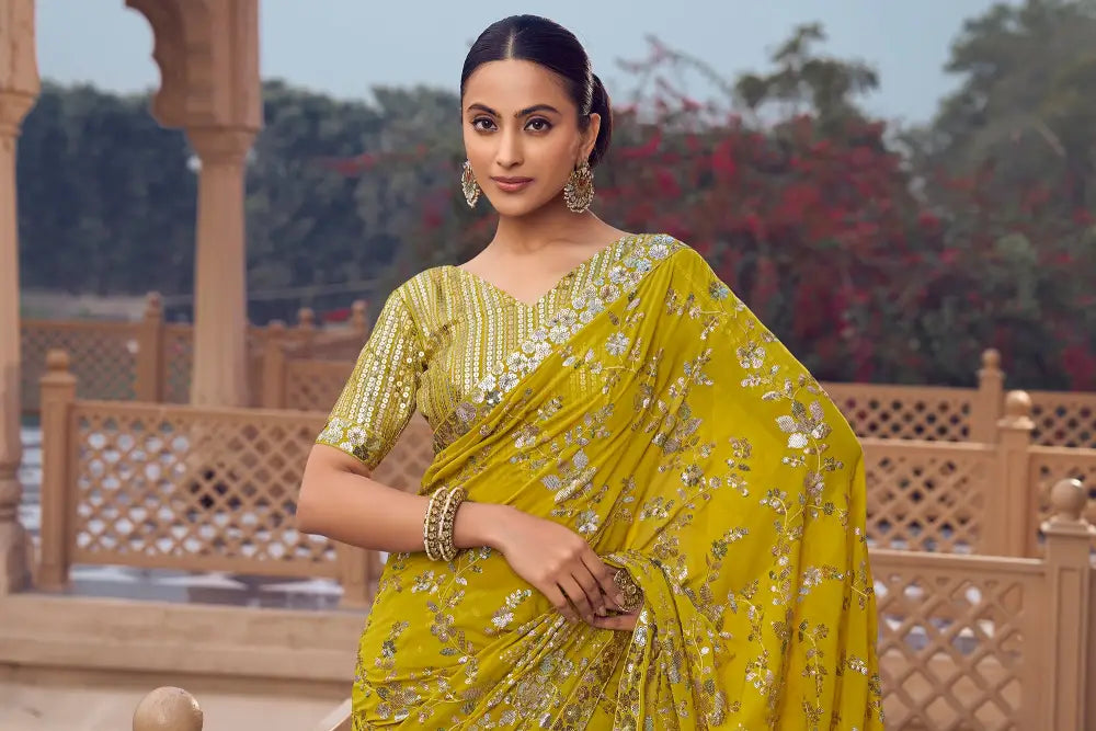 Yellow Georgette Saree With Full Sequins Design For A Festive Look Saree