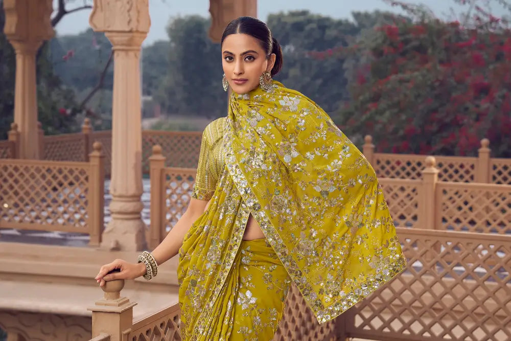 Yellow Georgette Saree With Full Sequins Design For A Festive Look Saree
