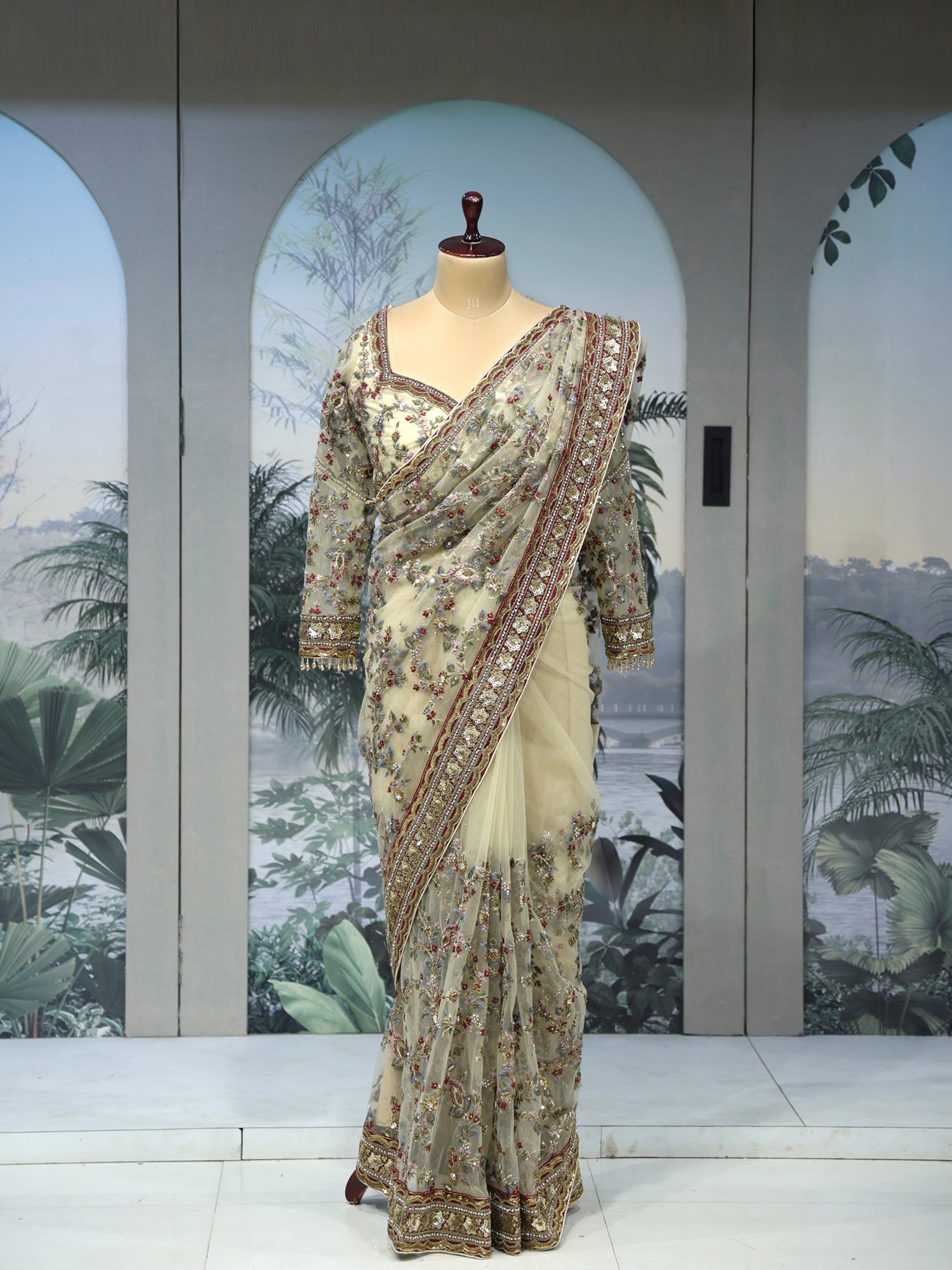 Off White Net Designer Saree with Heavy Embroidery Work