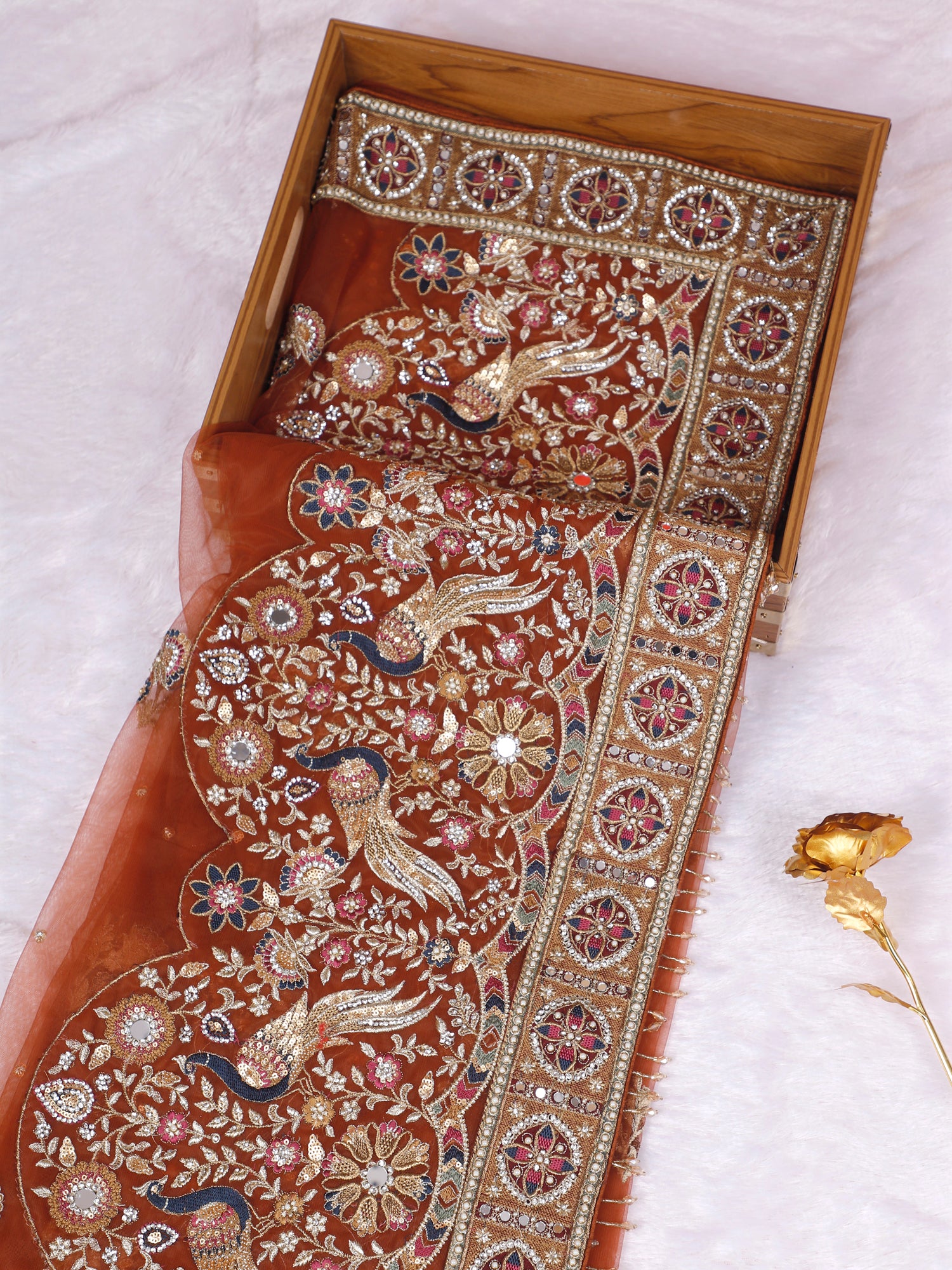 Rust Orange Dynasty Net Saree with Diamond Sequin Work