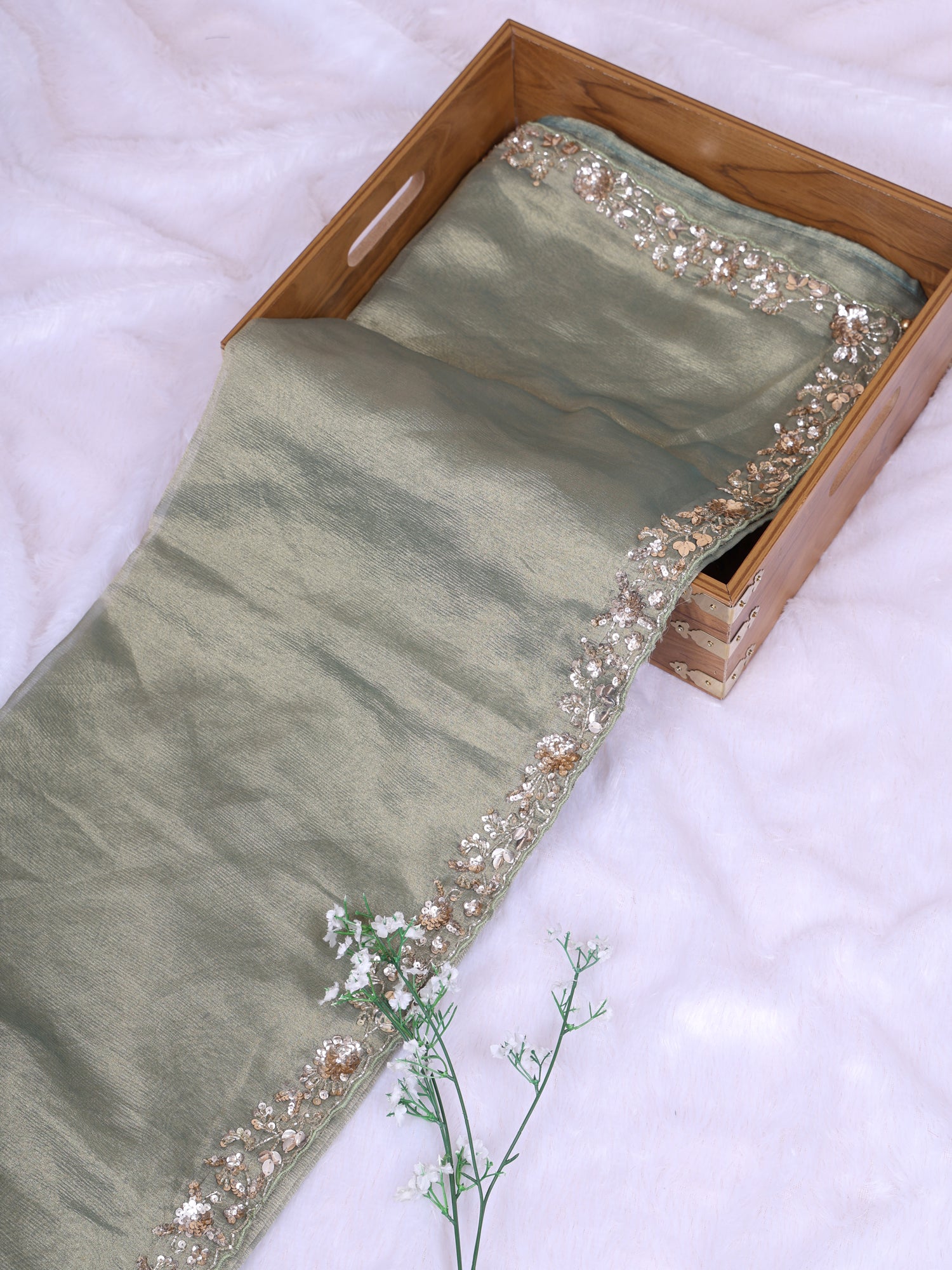 Green Couture Grace Fenty Shimmer Saree with Zardozi Handwork