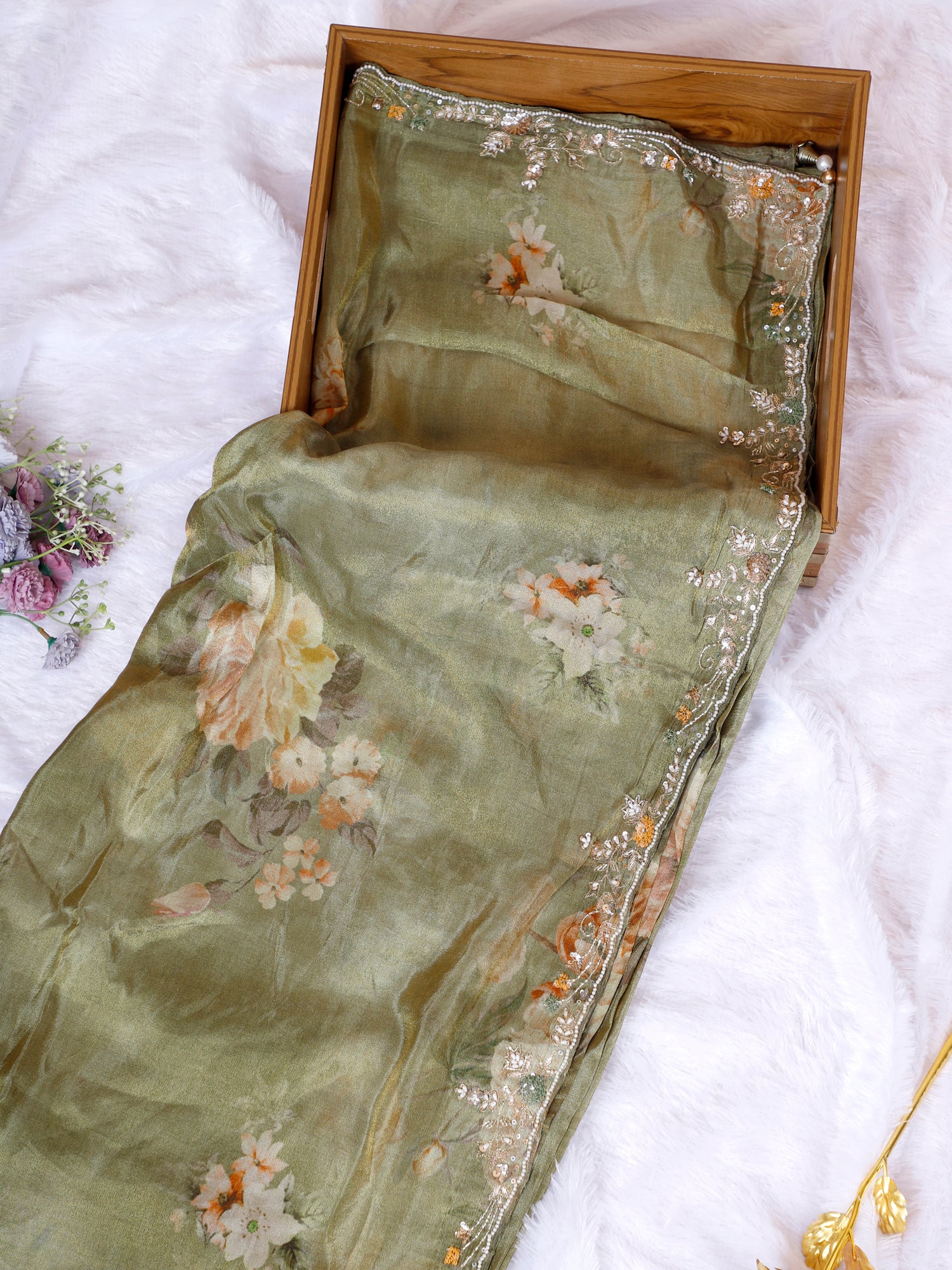 English Green Luxe Crape Silk Saree with Handcrafted Zardosi Work