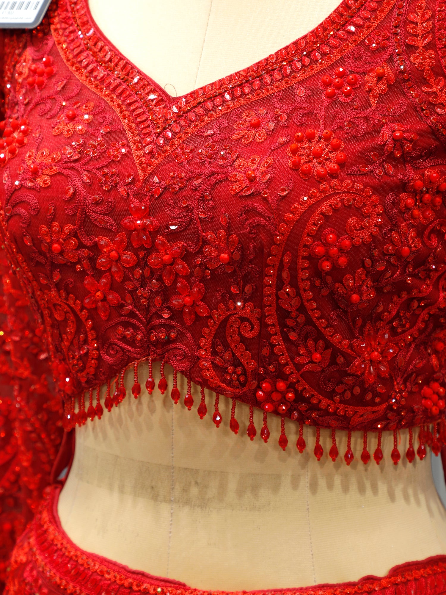 Blood Red Majesty Bollywood Lehenga With Jarkan &amp; Pearl Sequence