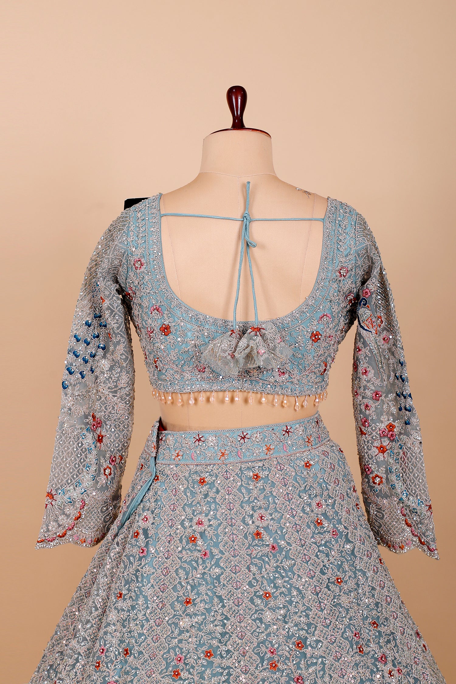 Sky Blue Net Multi-Thread Embroidered Crop Top