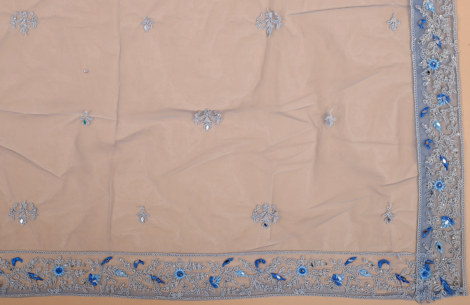 Sky Blue Net Embroidered Crop Top With Mirror