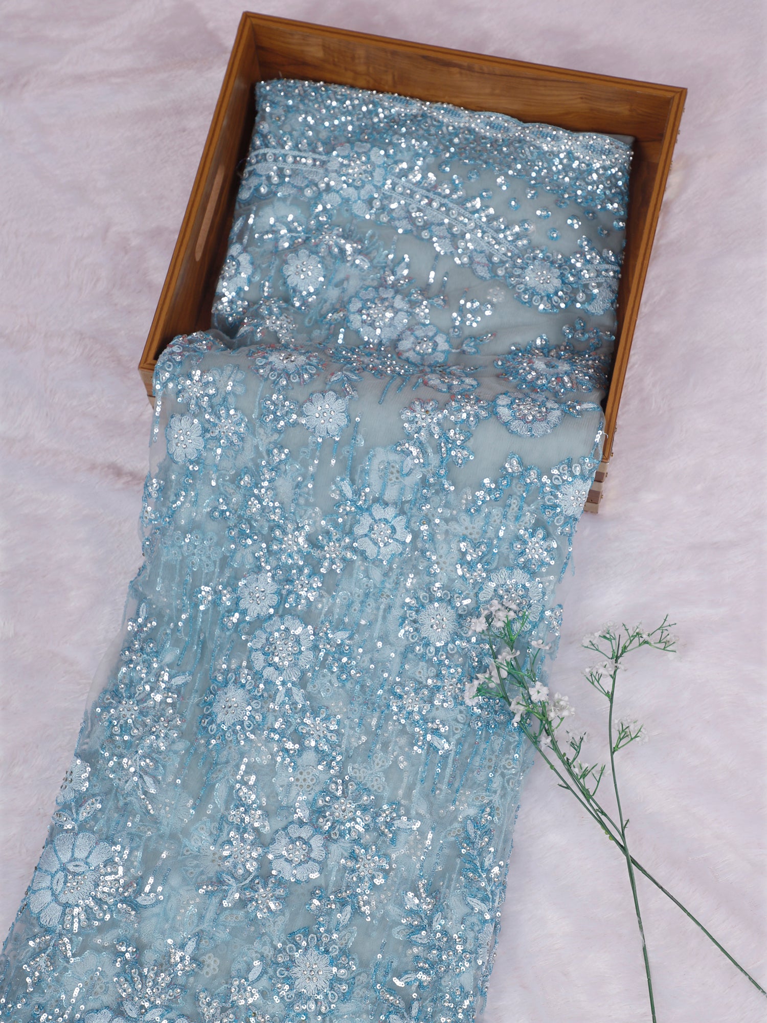 Sky Blue Frozen Pearl Net Saree with Diamond Sequin