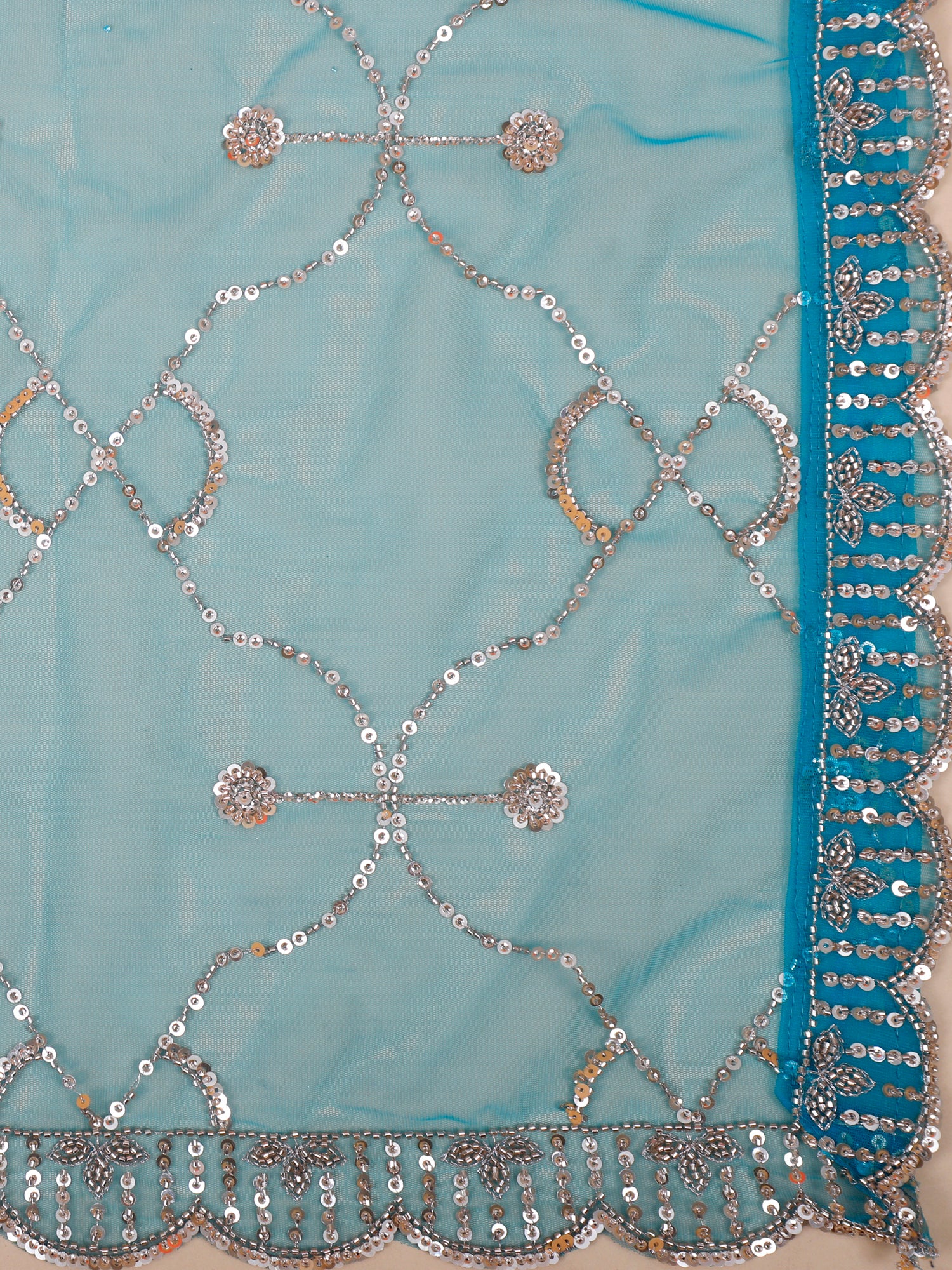 Rama Blue Noorani Flare Net Lehenga