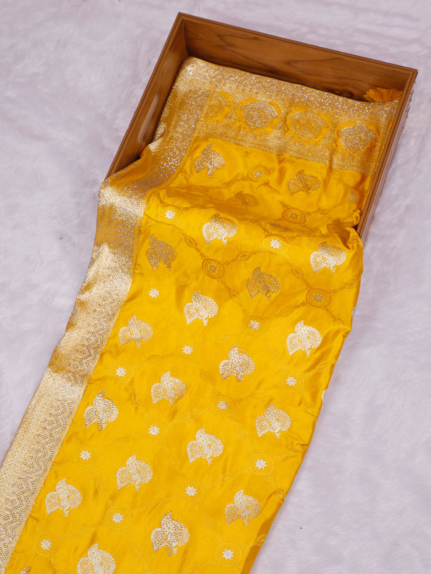 Red-Yellow Dual-Tone Silk Saree with Swarovski Sequin Radiance