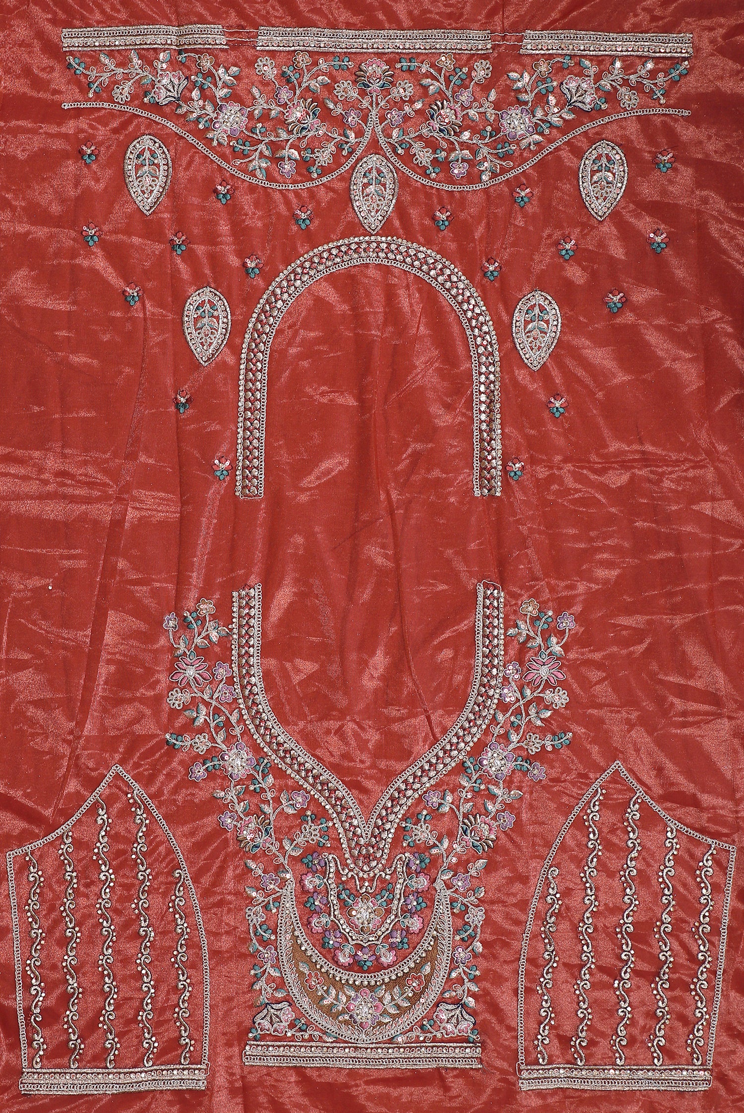 Dark Red Shimmer Lehenga With Multi Work