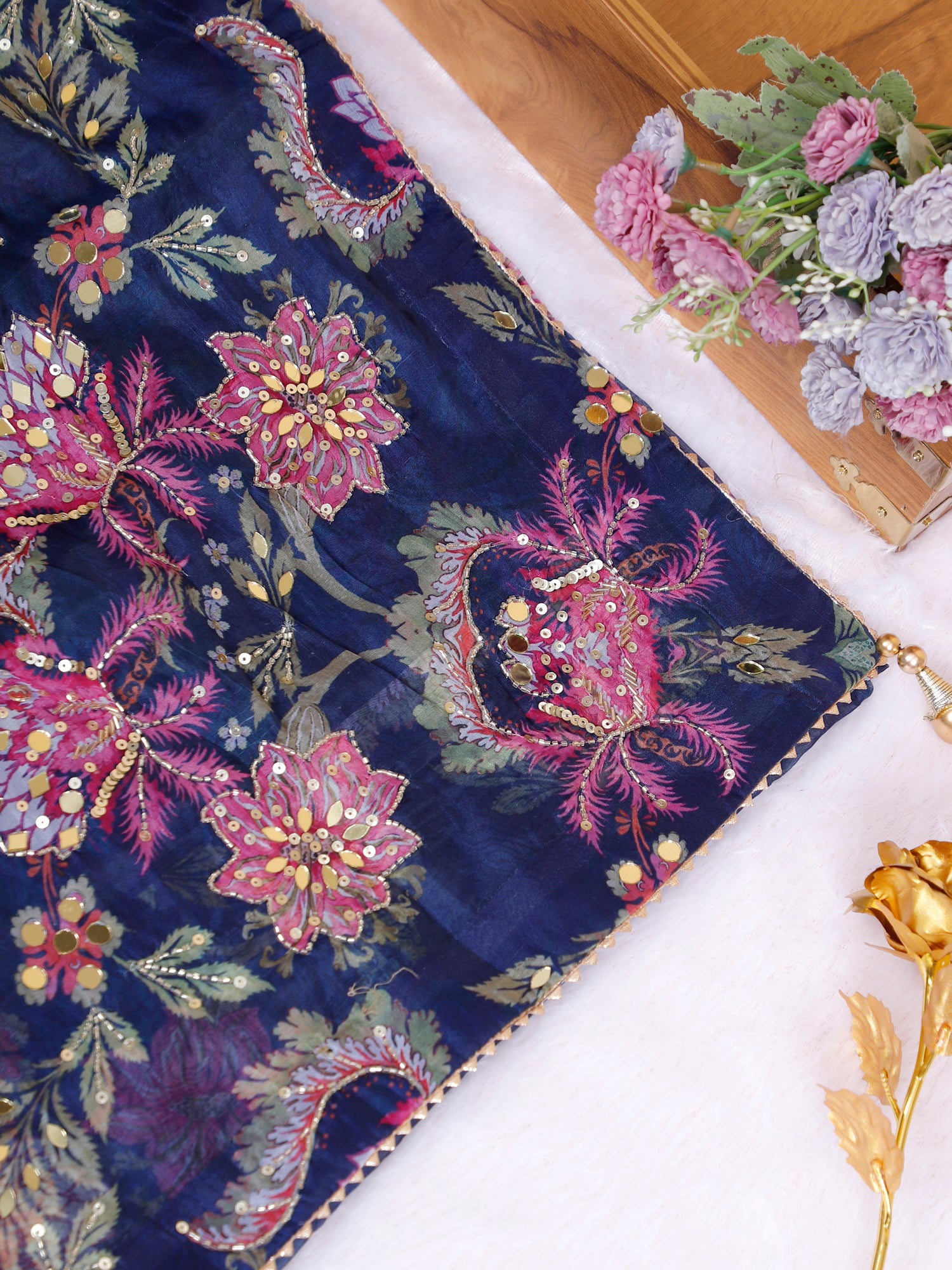 Royal Blue Shahi Organza Saree Adorned with Mirror, Sequin &amp; Cut Dana Work