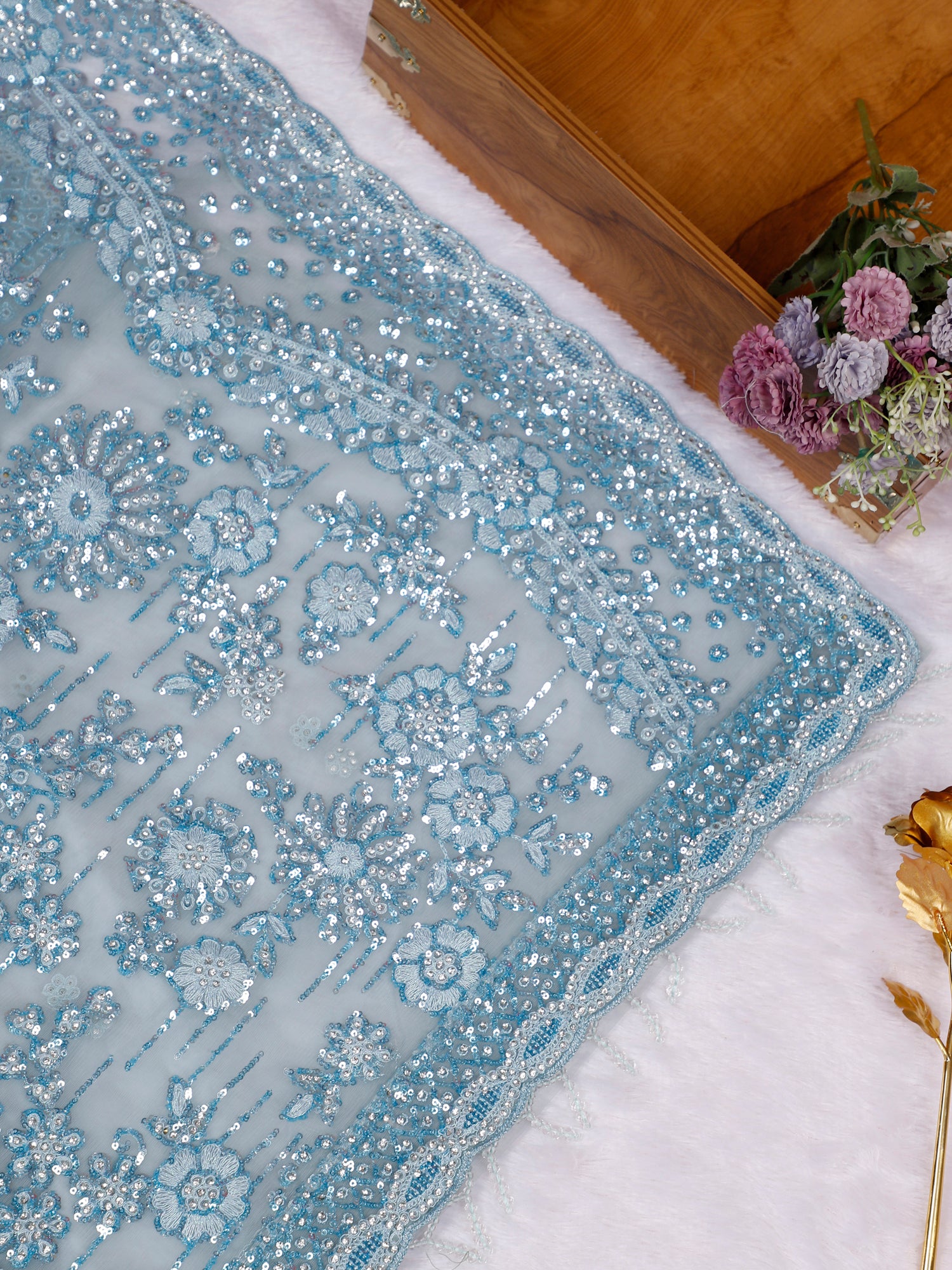 Sky Blue Frozen Pearl Net Saree with Diamond Sequin