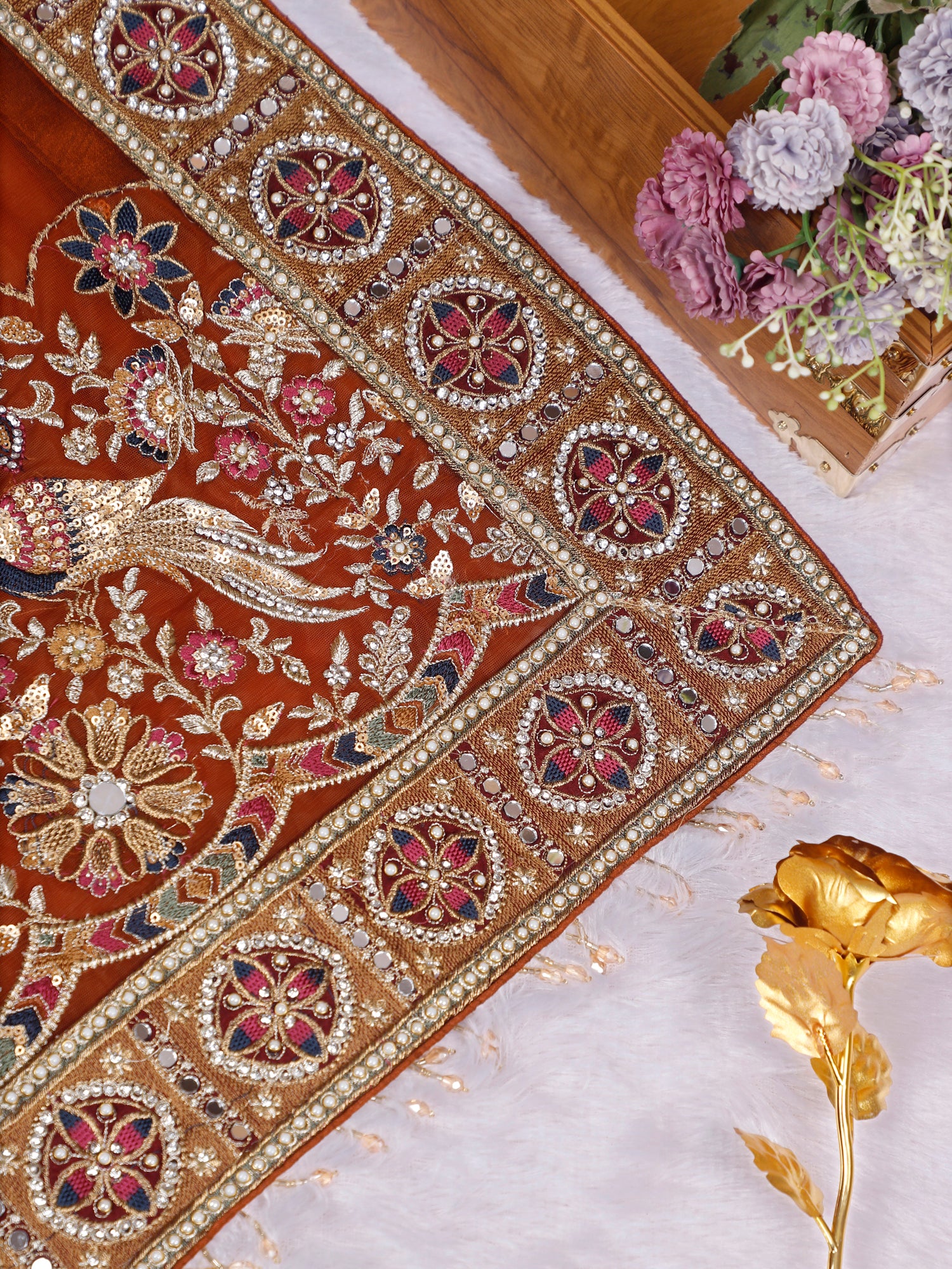 Rust Orange Dynasty Net Saree with Diamond Sequin Work