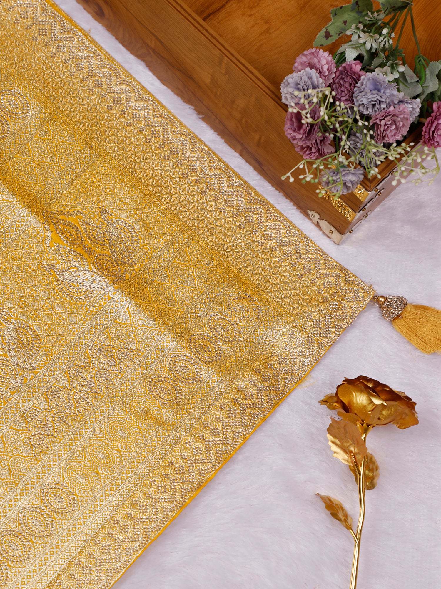 Red-Yellow Dual-Tone Silk Saree with Swarovski Sequin Radiance