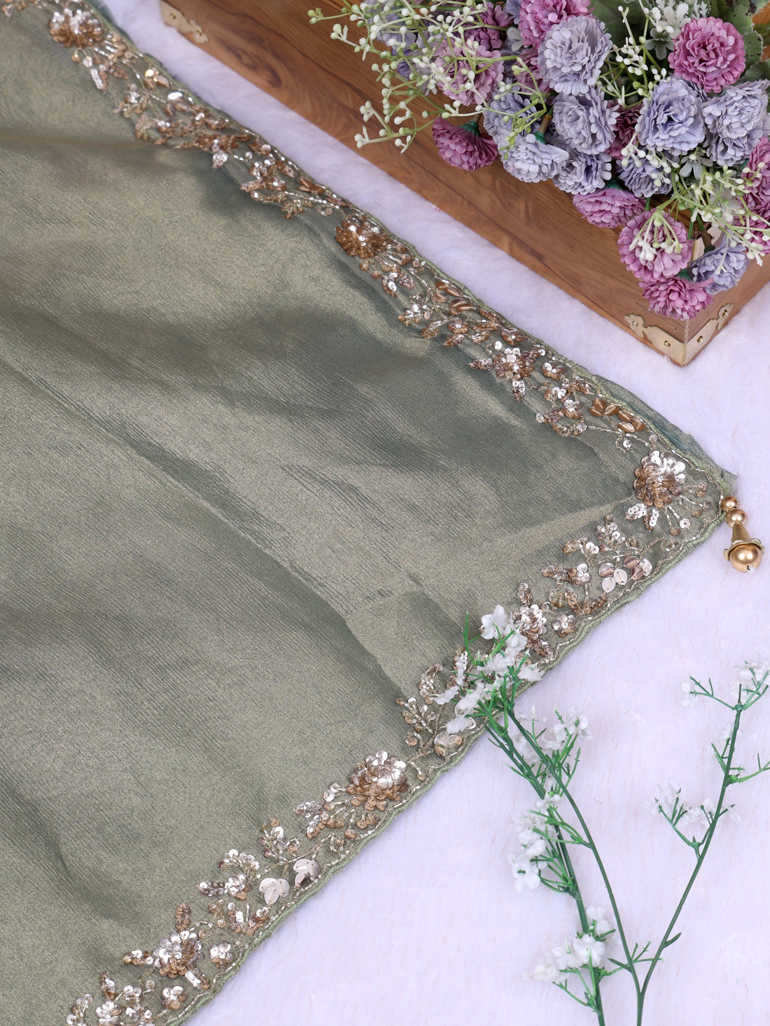 Green Couture Grace Fenty Shimmer Saree with Zardozi Handwork