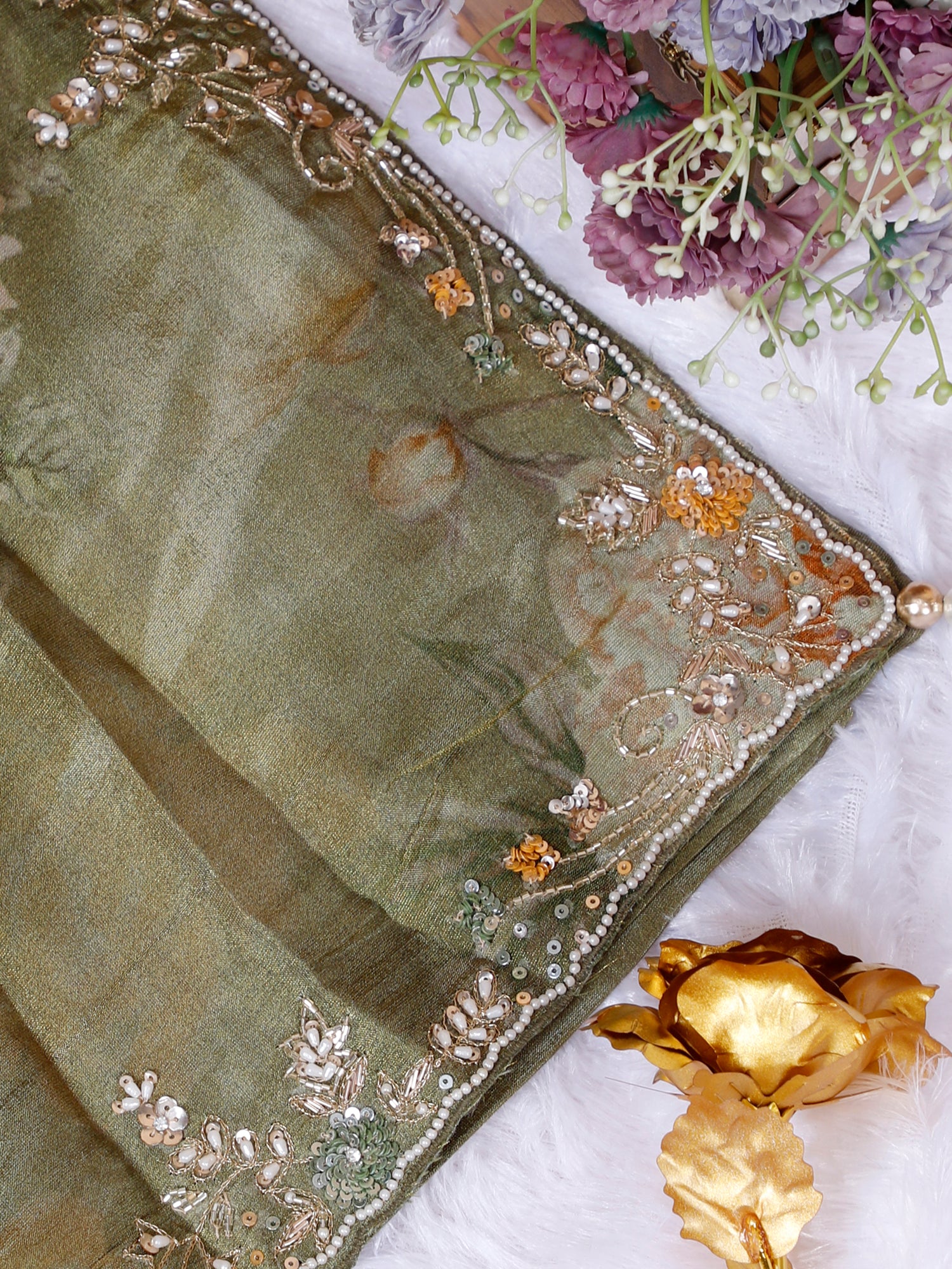 English Green Luxe Crape Silk Saree with Handcrafted Zardosi Work
