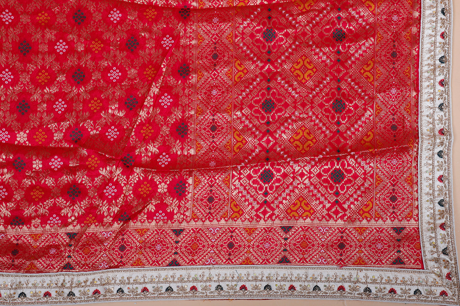 White-Red Banarasi Silk Lehenga